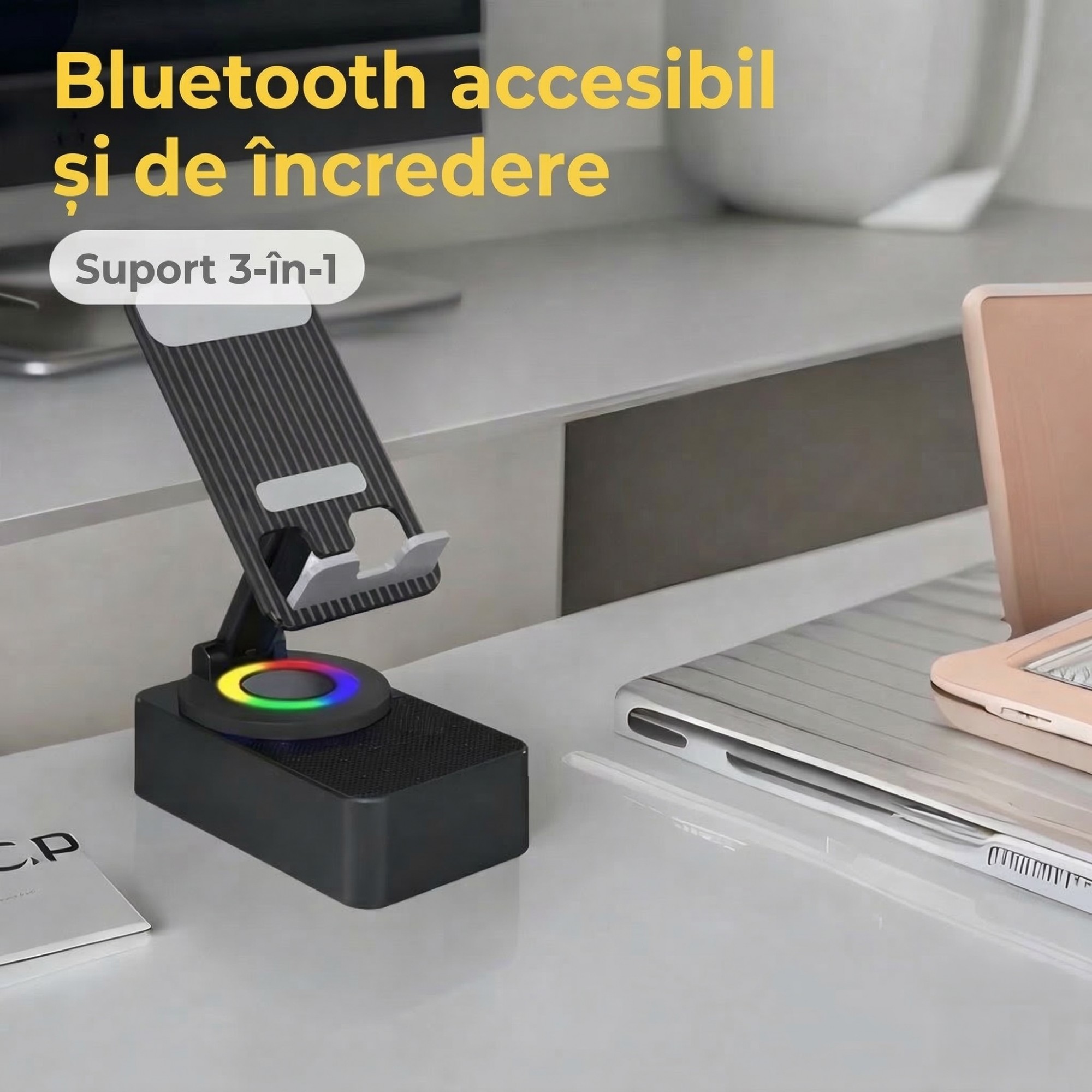 Suport Telefon cu Boxa Bluetooth, Flippy, Wireless, Rotativ 360°, Pliabil, 5 W, Acumulator 1500 mAh, USB Type-C, 12,2 x 7,4 x 5,8 cm, Negru