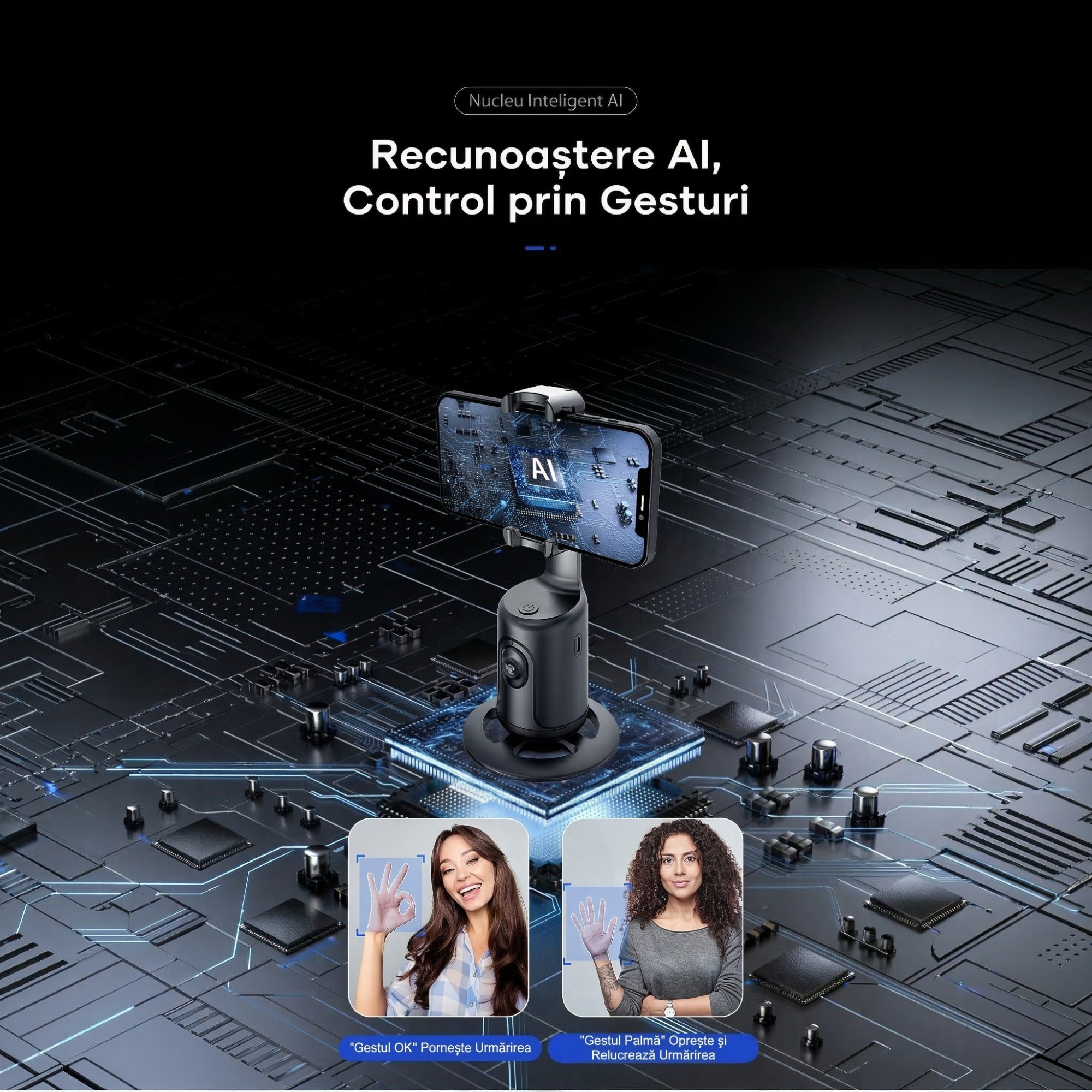 Stabilizator Pentru Telefon Cu Urmarire Automata, Flippy, AI Face Tracking, Rotire 360 Grade, 17 x 8 cm, Negru