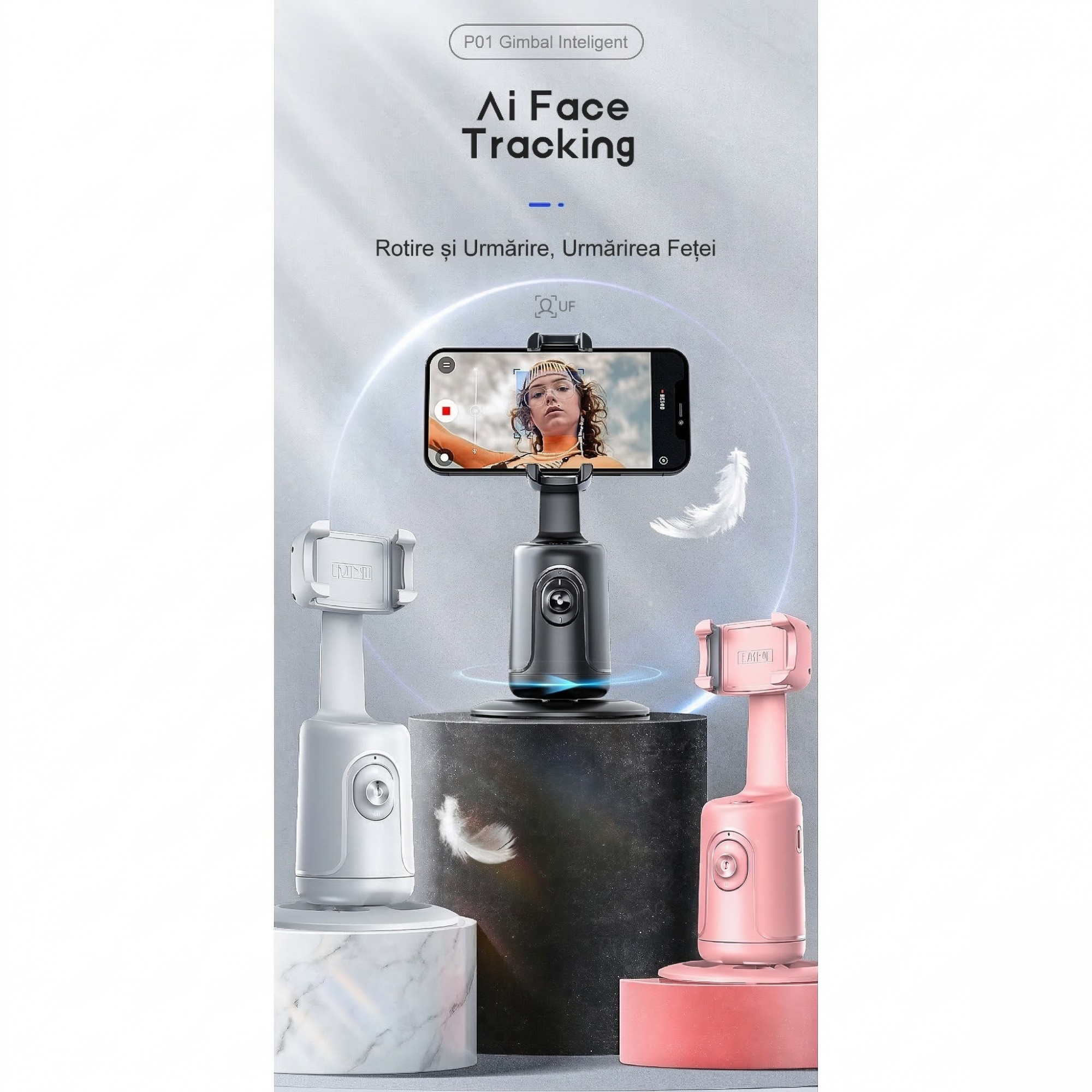 Stabilizator Pentru Telefon Cu Urmarire Automata, Flippy, AI Face Tracking, Rotire 360 Grade, 17 x 8 cm, Negru