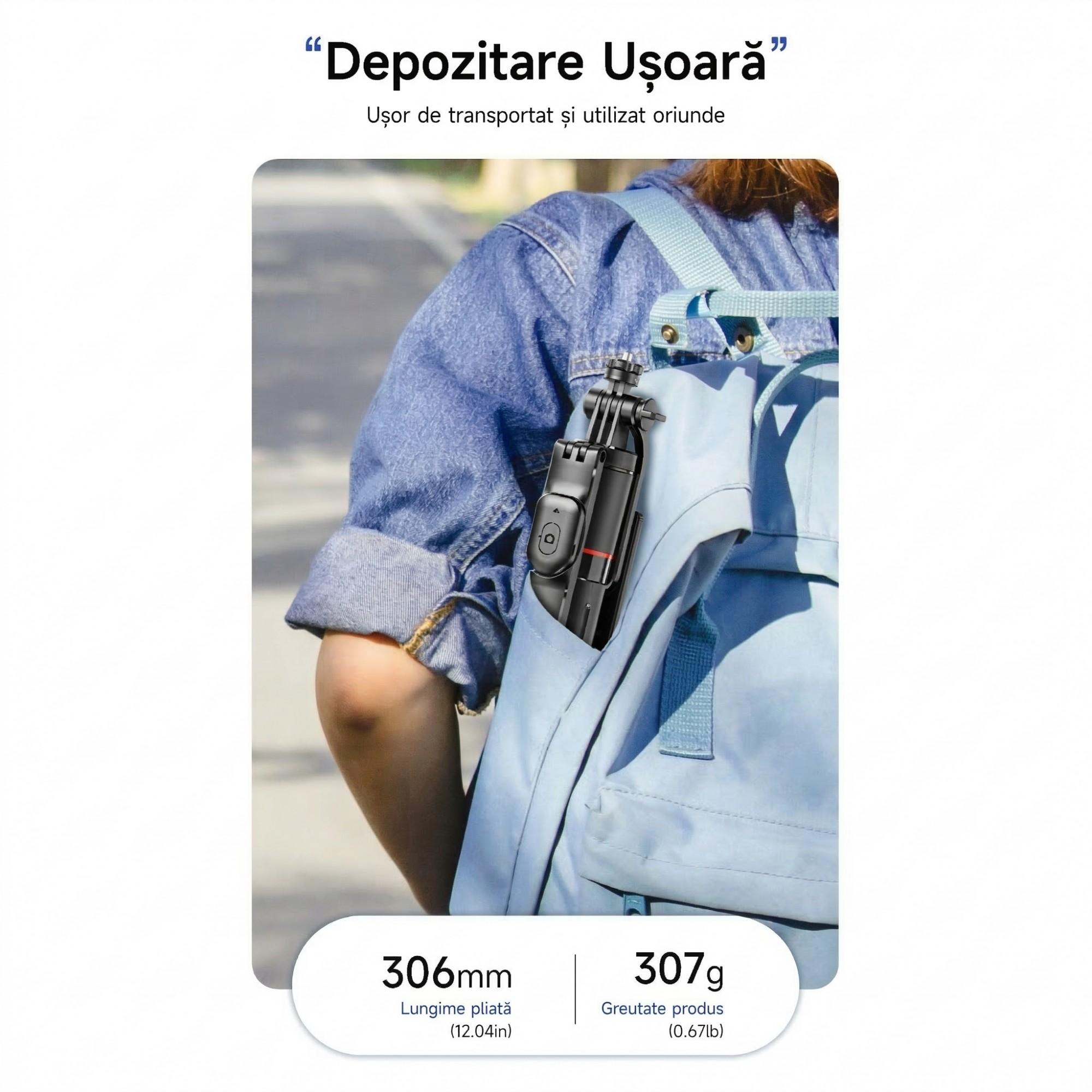 Selfie Stick Pentru Telefon, Flippy, Trepied Aluminiu Extensibil, Telecomanda Bluetooth Reincarcabila, Pentru Calatorii, Vlog Video si Fotografie, 30.6 x 7.6 x 3.5 cm, Negru