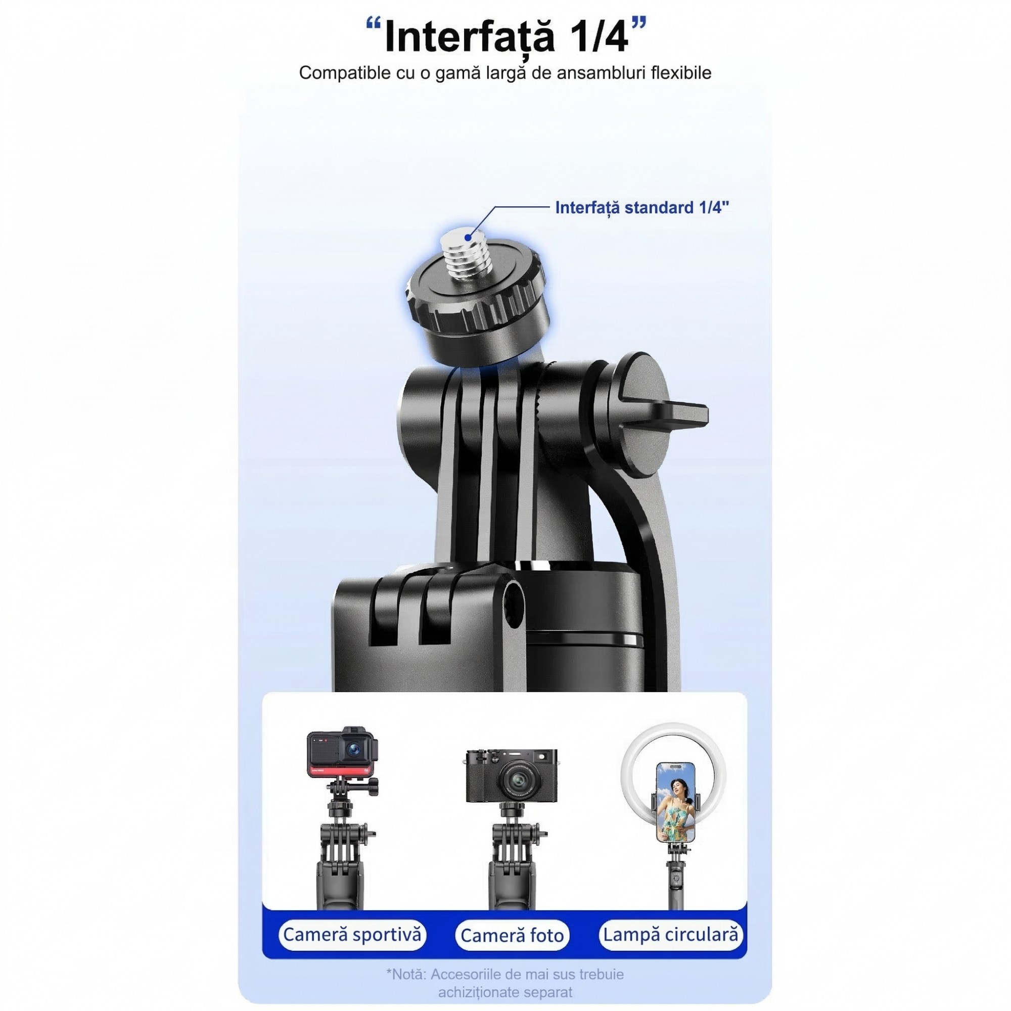 Selfie Stick Pentru Telefon, Flippy, Trepied Aluminiu Extensibil, Telecomanda Bluetooth Reincarcabila, Pentru Calatorii, Vlog Video si Fotografie, 30.6 x 7.6 x 3.5 cm, Negru