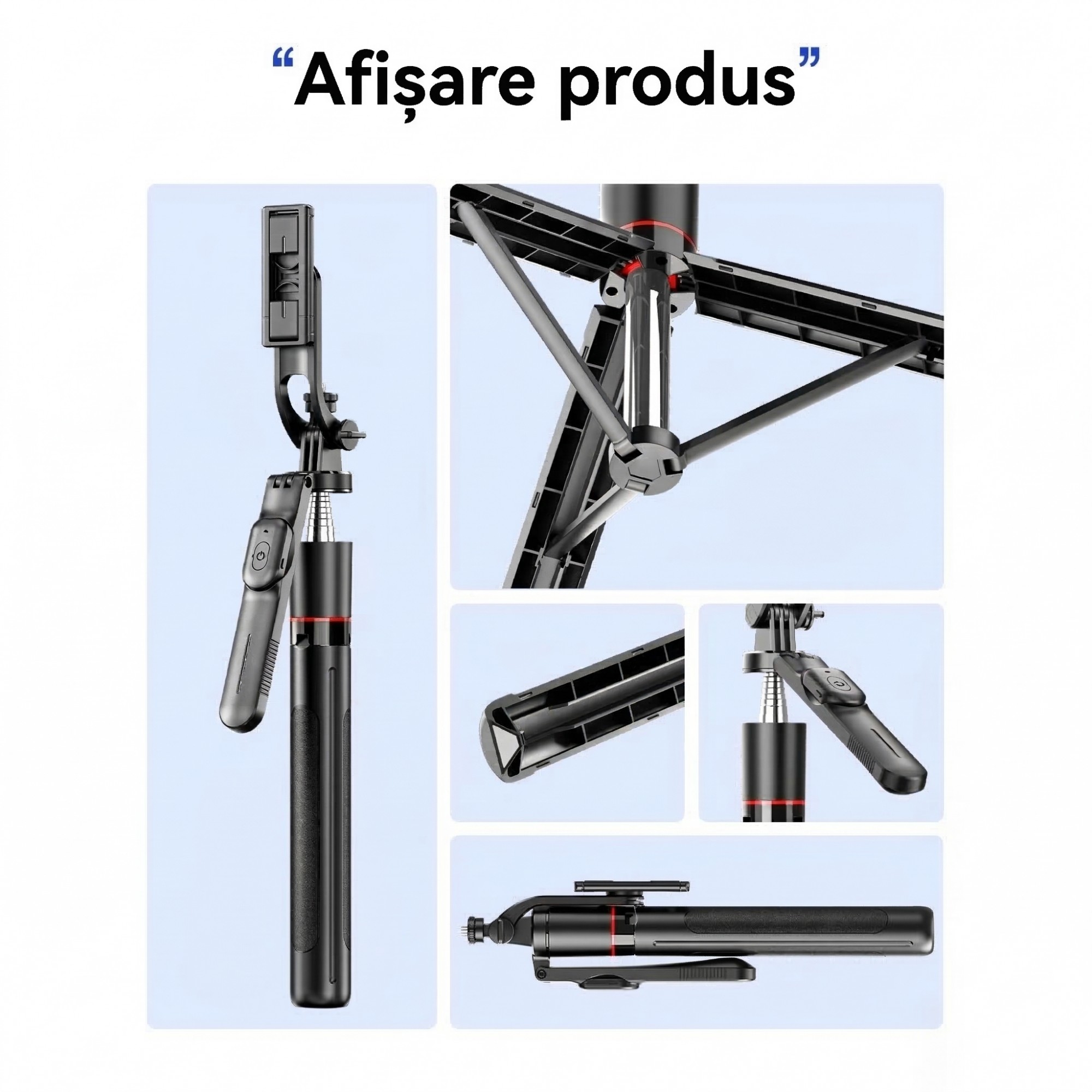 Selfie Stick Pentru Telefon, Flippy, Trepied Aluminiu Extensibil, Telecomanda Bluetooth Reincarcabila, Pentru Calatorii, Vlog Video si Fotografie, 30.6 x 7.6 x 3.5 cm, Negru