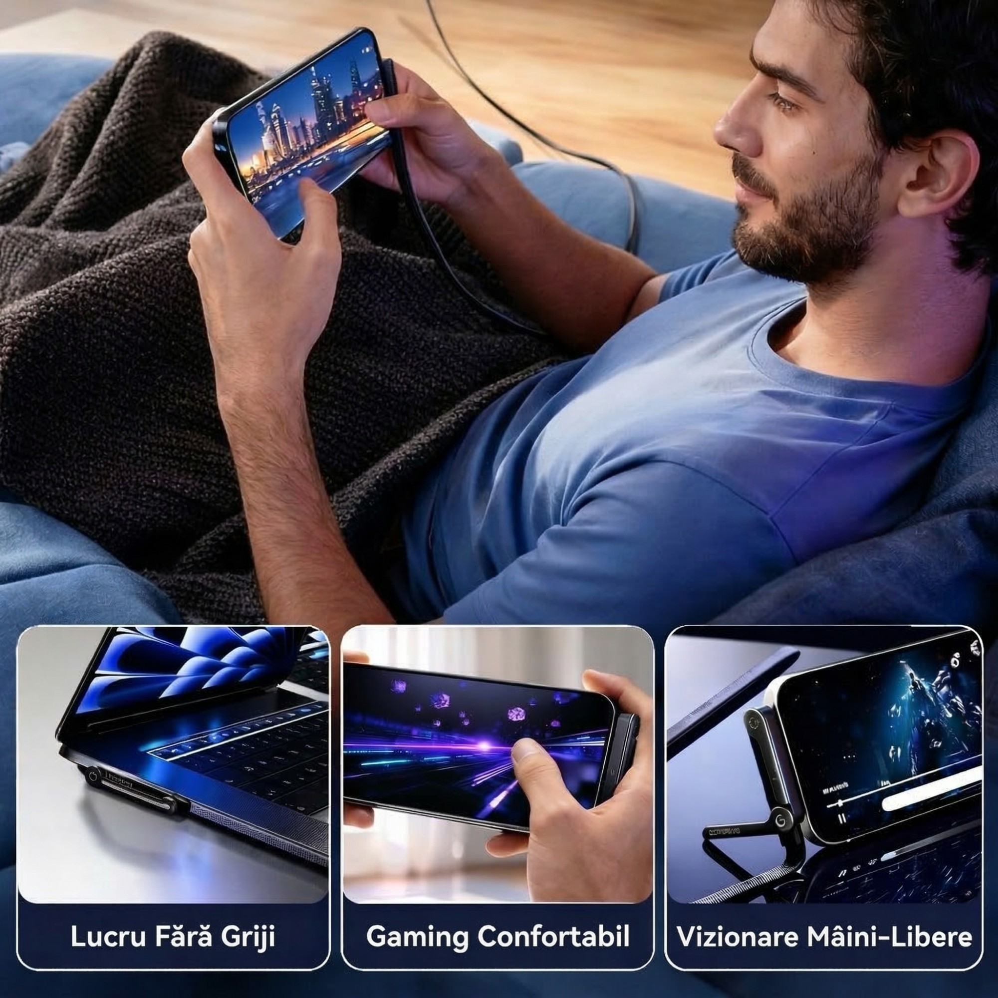 Cablu Incarcare, Flippy, USB Type C, Gaming, Conector, Unghi 90 Grade, Suport Telefon, 240W, 1.5 m, Negru