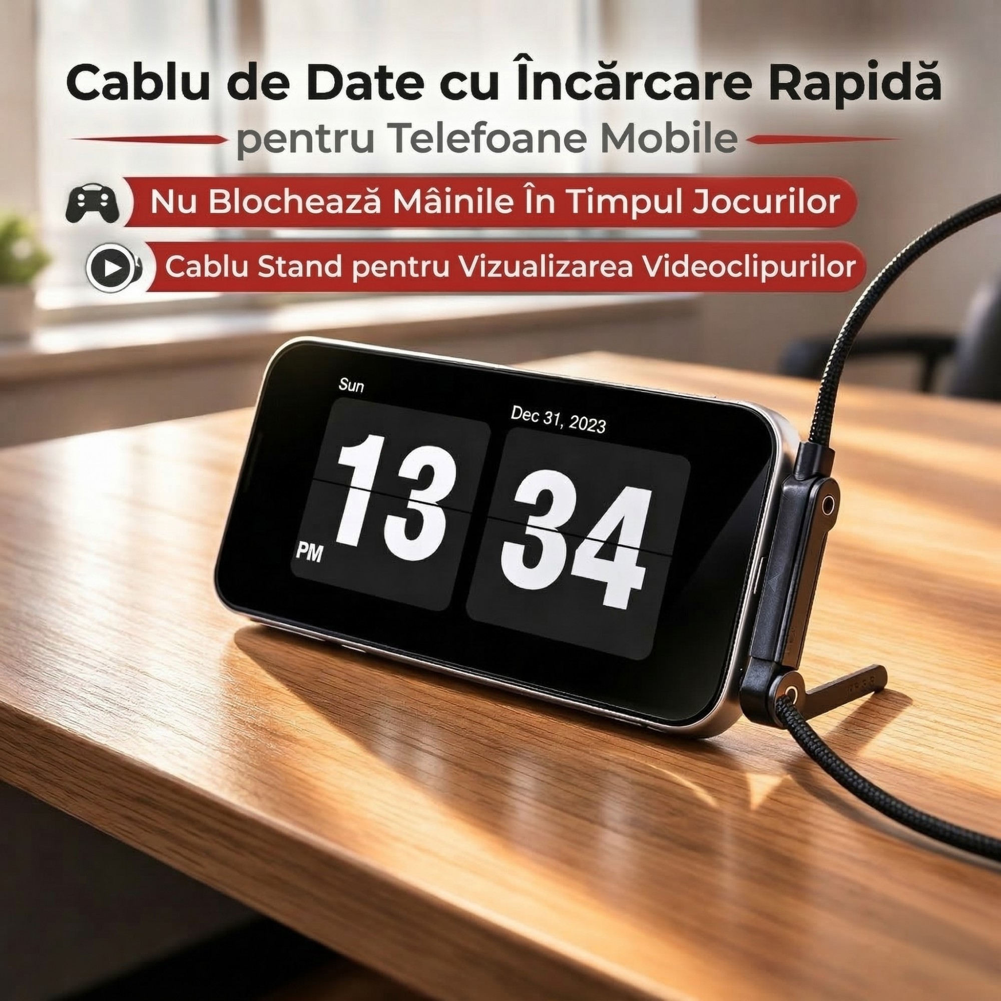 Cablu Incarcare, Flippy, USB Type C, Gaming, Conector, Unghi 90 Grade, Suport Telefon, 240W, 1.5 m, Negru