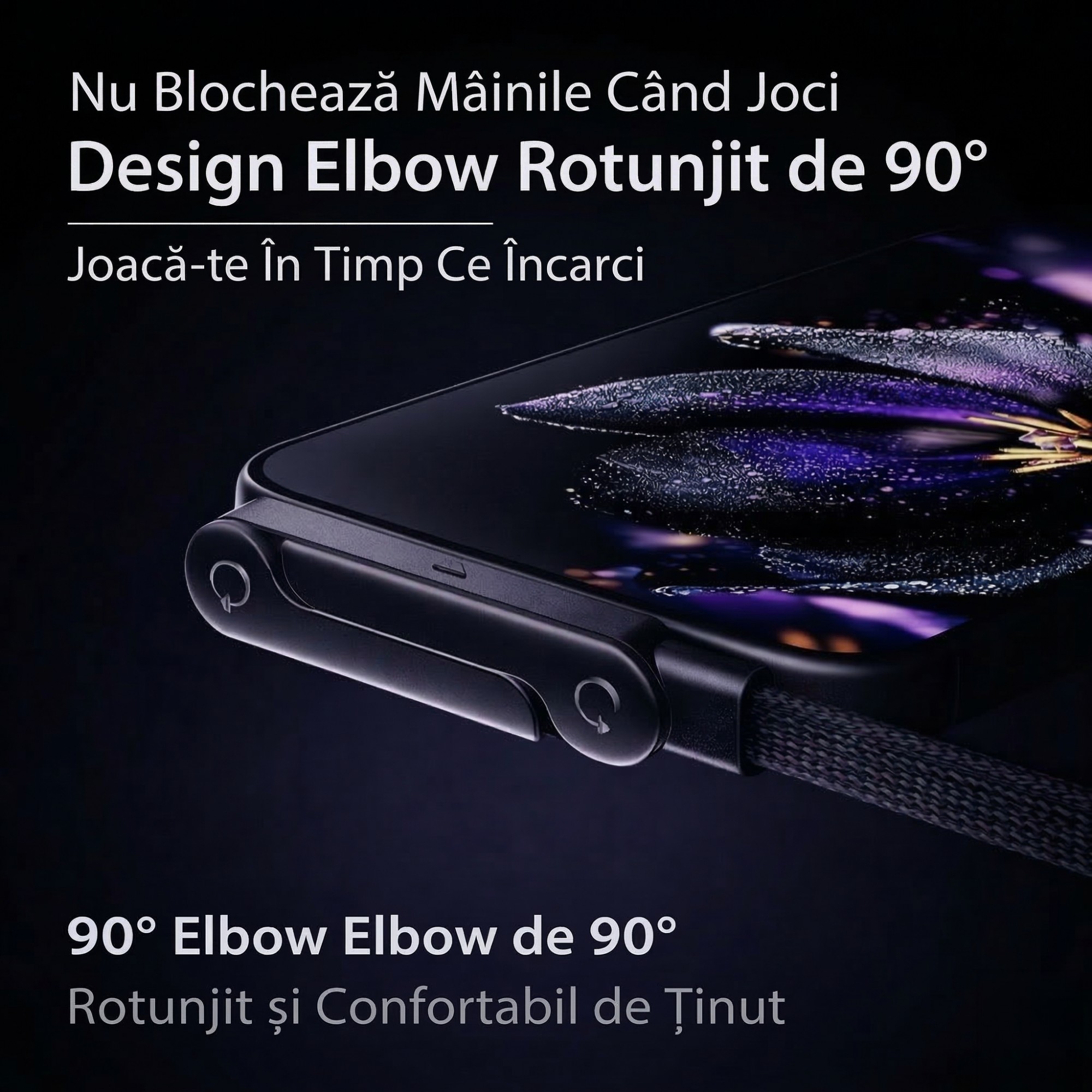 Cablu Incarcare, Flippy, USB Type C, Gaming, Conector, Unghi 90 Grade, Suport Telefon, 240W, 1.5 m, Negru