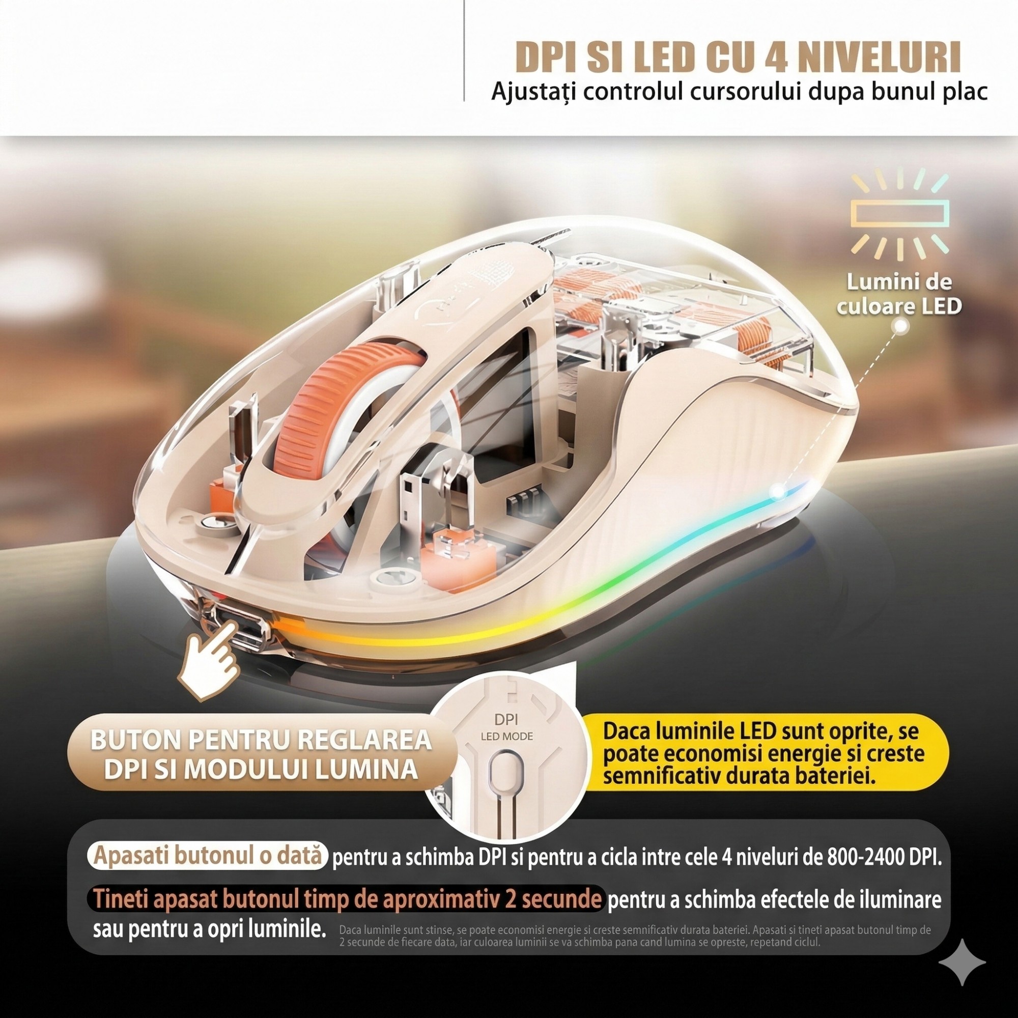 Mouse Wireless, Flippy, Dual Bluetooth, 2.4 GHz, Multi Device, USB-C, 4 Niveluri DPI 800-2400, Reincarcabil, Iluminare LED, Compatibil MacBook/iPad/Laptop, 10 x 6 cm, Crem