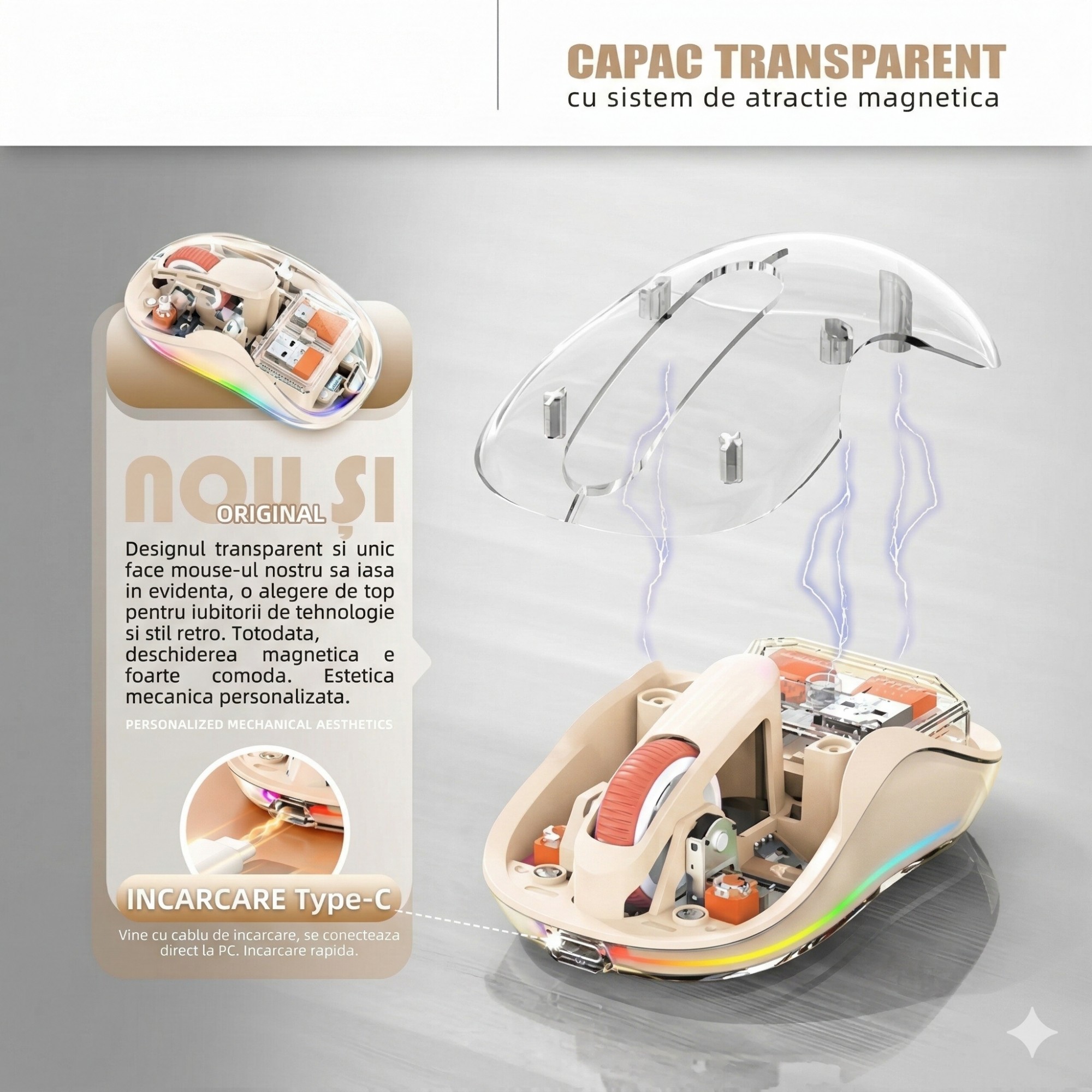 Mouse Wireless, Flippy, Dual Bluetooth, 2.4 GHz, Multi Device, USB-C, 4 Niveluri DPI 800-2400, Reincarcabil, Iluminare LED, Compatibil MacBook/iPad/Laptop, 10 x 6 cm, Crem