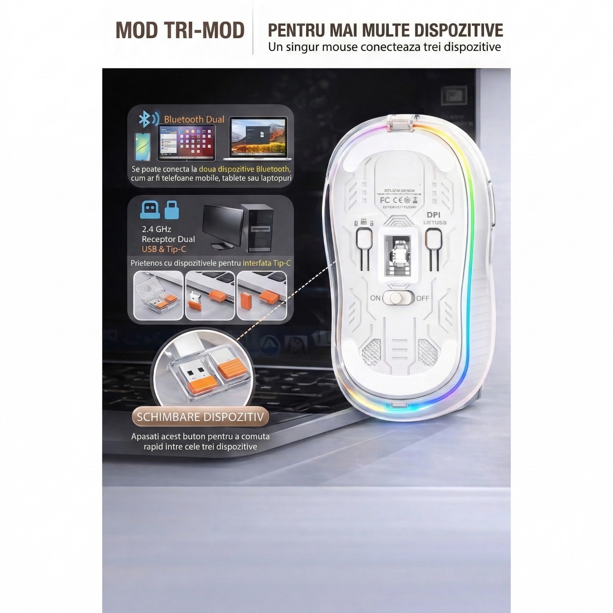 Mouse Wireless, Flippy, Dual Bluetooth, 2.4 GHz, Multi Device, USB-C, 4 Niveluri DPI 800-2400, Reincarcabil, Iluminare LED, Compatibil MacBook/iPad/Laptop 10 x 6 cm, Alb