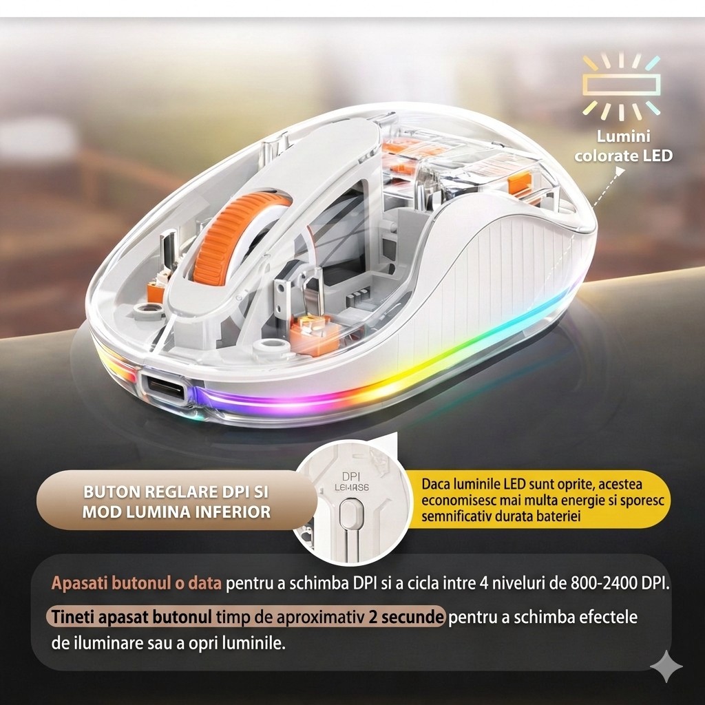 Mouse Wireless, Flippy, Dual Bluetooth, 2.4 GHz, Multi Device, USB-C, 4 Niveluri DPI 800-2400, Reincarcabil, Iluminare LED, Compatibil MacBook/iPad/Laptop 10 x 6 cm, Alb