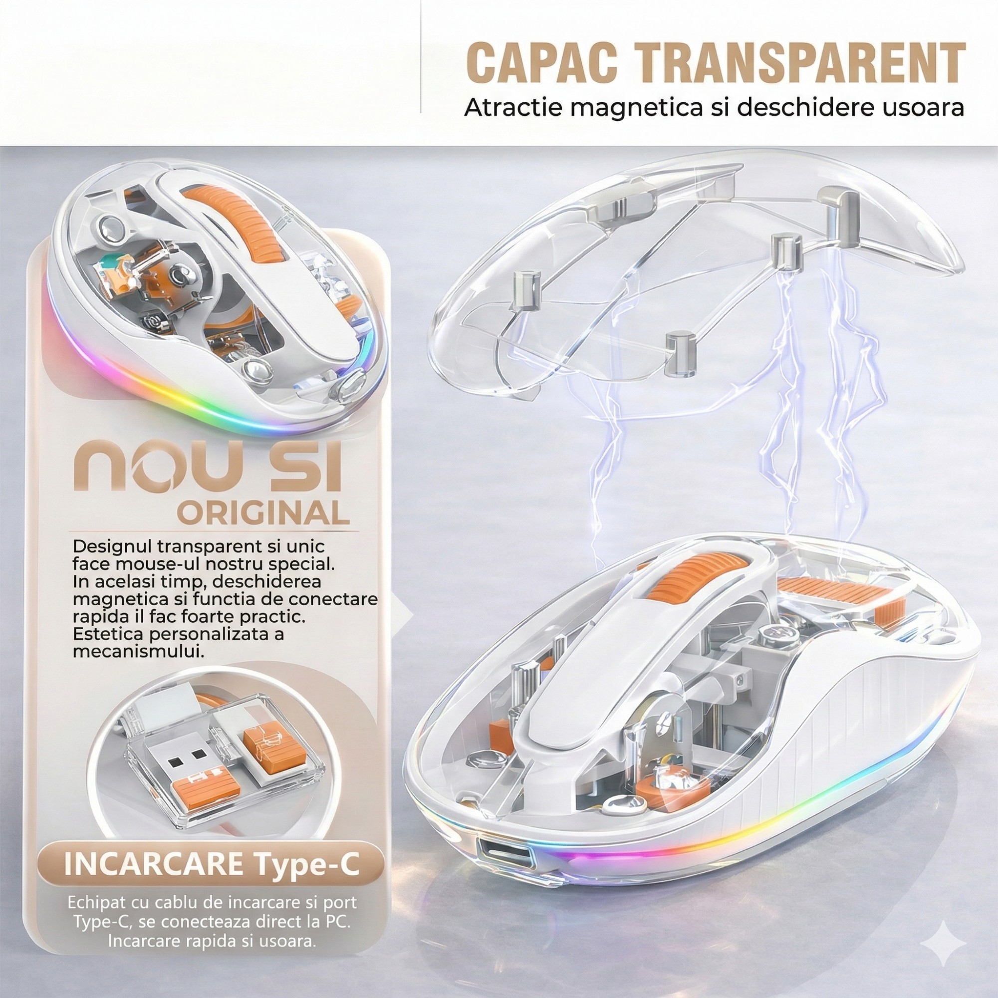 Mouse Wireless, Flippy, Dual Bluetooth, 2.4 GHz, Multi Device, USB-C, 4 Niveluri DPI 800-2400, Reincarcabil, Iluminare LED, Compatibil MacBook/iPad/Laptop 10 x 6 cm, Alb