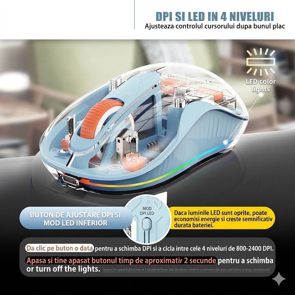 Mouse Wireless, Flippy, Dual Bluetooth, 2.4 GHz, Multi Device, USB-C, 4 Niveluri DPI 800-2400, Reincarcabil, Iluminare LED, Compatibil MacBook/iPad/Laptop, 10 x 6 cm, Albastru