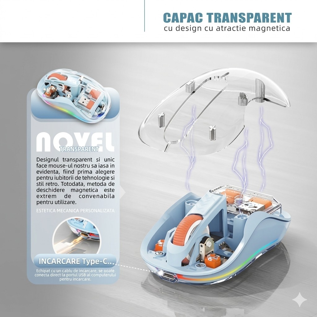 Mouse Wireless, Flippy, Dual Bluetooth, 2.4 GHz, Multi Device, USB-C, 4 Niveluri DPI 800-2400, Reincarcabil, Iluminare LED, Compatibil MacBook/iPad/Laptop, 10 x 6 cm, Albastru