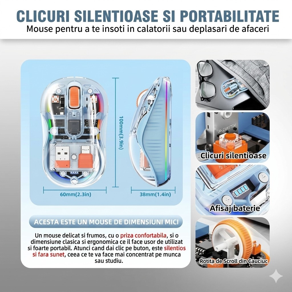 Mouse Wireless, Flippy, Dual Bluetooth, 2.4 GHz, Multi Device, USB-C, 4 Niveluri DPI 800-2400, Reincarcabil, Iluminare LED, Compatibil MacBook/iPad/Laptop, 10 x 6 cm, Albastru