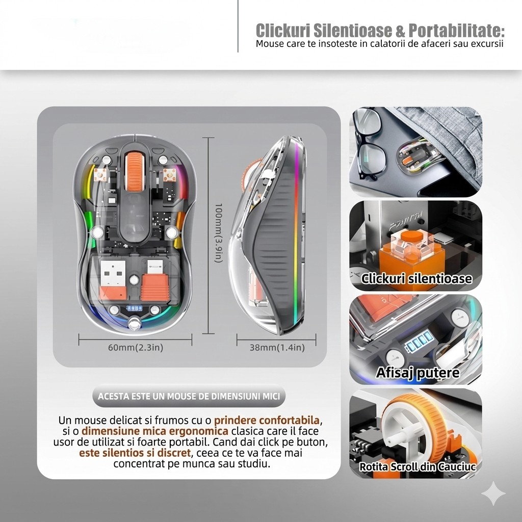 Mouse Wireless, Flippy, Dual Bluetooth, 2.4 GHz, Multi Device, USB-C, 4 Niveluri DPI 800-2400, Reincarcabil, Iluminare LED, Compatibil MacBook/iPad/Laptop, 10 x 6 cm, Gri