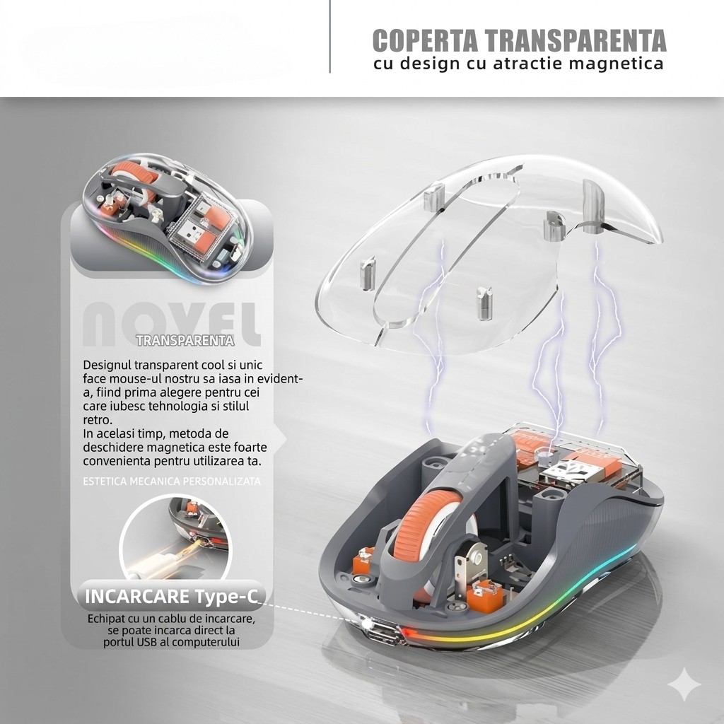 Mouse Wireless, Flippy, Dual Bluetooth, 2.4 GHz, Multi Device, USB-C, 4 Niveluri DPI 800-2400, Reincarcabil, Iluminare LED, Compatibil MacBook/iPad/Laptop, 10 x 6 cm, Gri