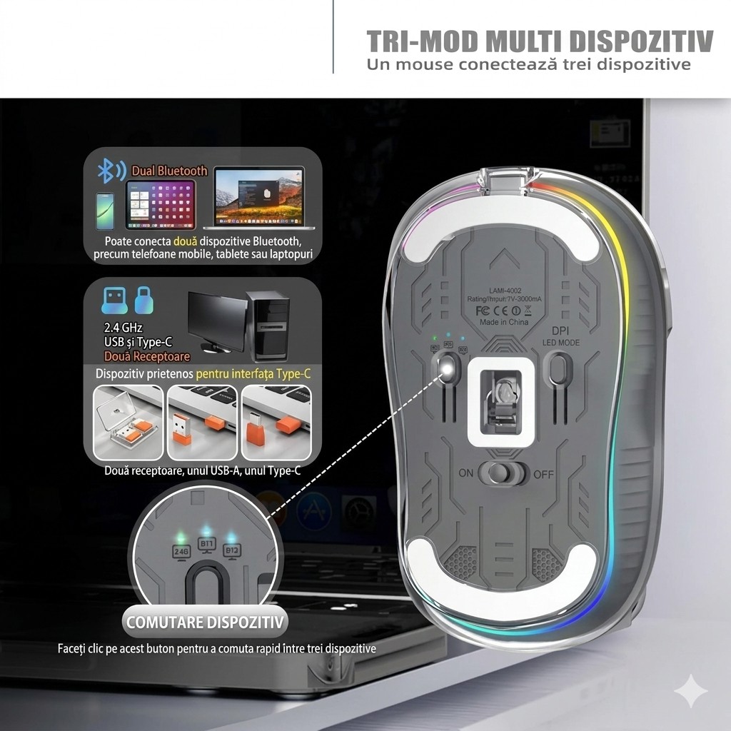 Mouse Wireless, Flippy, Dual Bluetooth, 2.4 GHz, Multi Device, USB-C, 4 Niveluri DPI 800-2400, Reincarcabil, Iluminare LED, Compatibil MacBook/iPad/Laptop, 10 x 6 cm, Gri