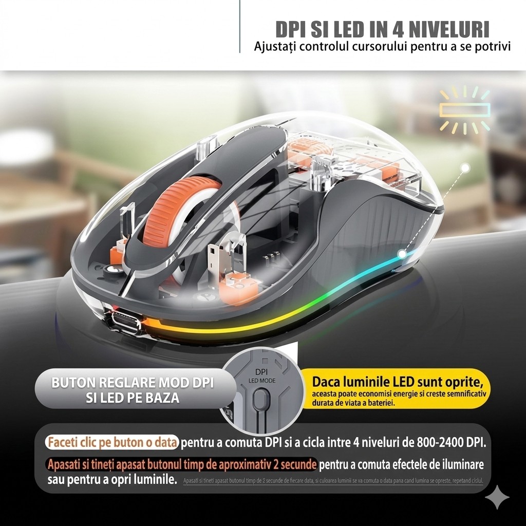 Mouse Wireless, Flippy, Dual Bluetooth, 2.4 GHz, Multi Device, USB-C, 4 Niveluri DPI 800-2400, Reincarcabil, Iluminare LED, Compatibil MacBook/iPad/Laptop, 10 x 6 cm, Gri