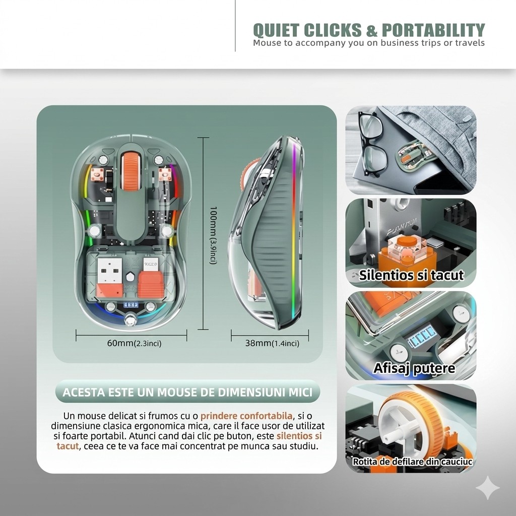 Mouse Wireless, Flippy, Dual Bluetooth, 2.4 GHz, Multi Device, USB-C, 4 Niveluri DPI 800-2400, Reincarcabil, Iluminare LED, Compatibil MacBook/iPad/Laptop, 10 x 6 cm, Verde