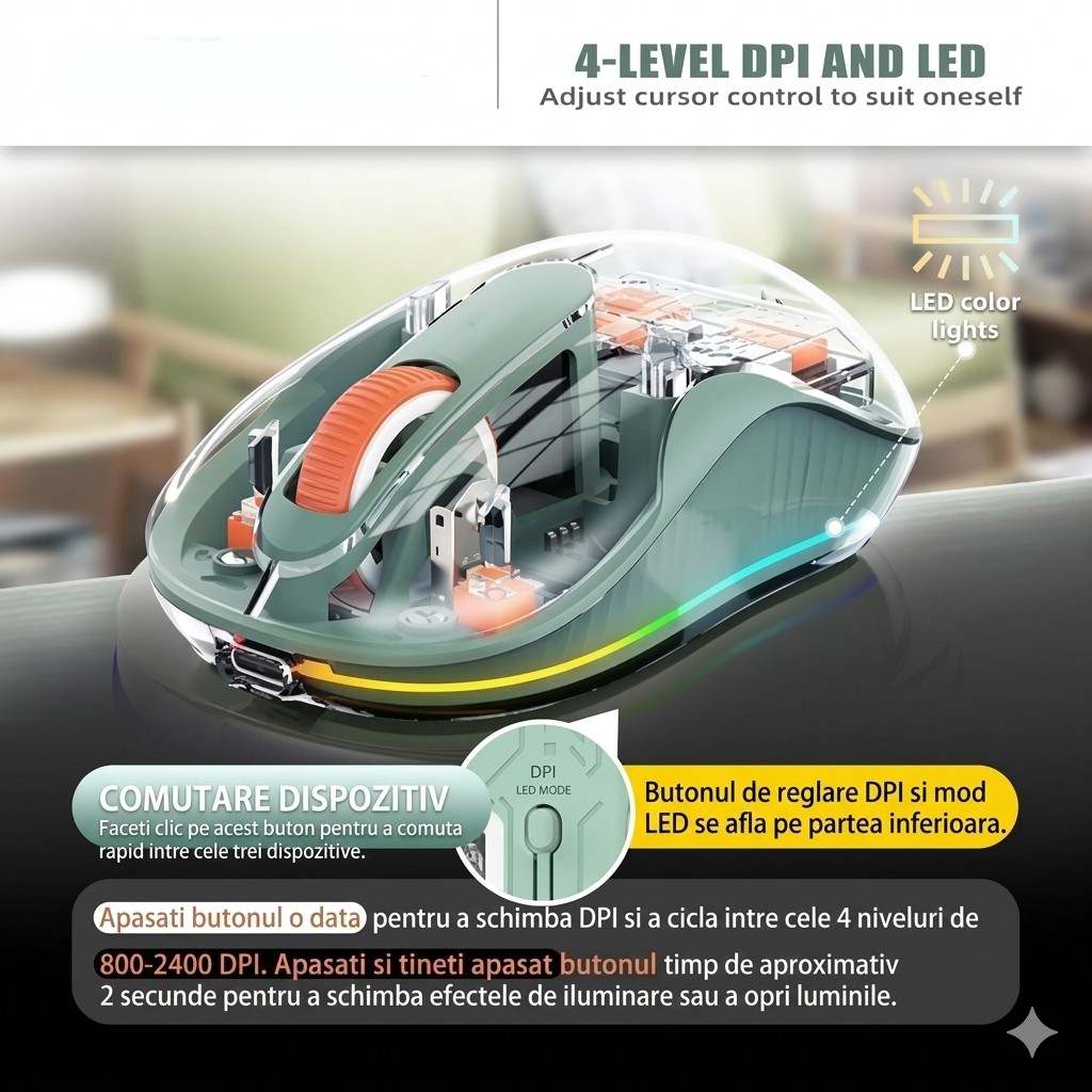Mouse Wireless, Flippy, Dual Bluetooth, 2.4 GHz, Multi Device, USB-C, 4 Niveluri DPI 800-2400, Reincarcabil, Iluminare LED, Compatibil MacBook/iPad/Laptop, 10 x 6 cm, Verde