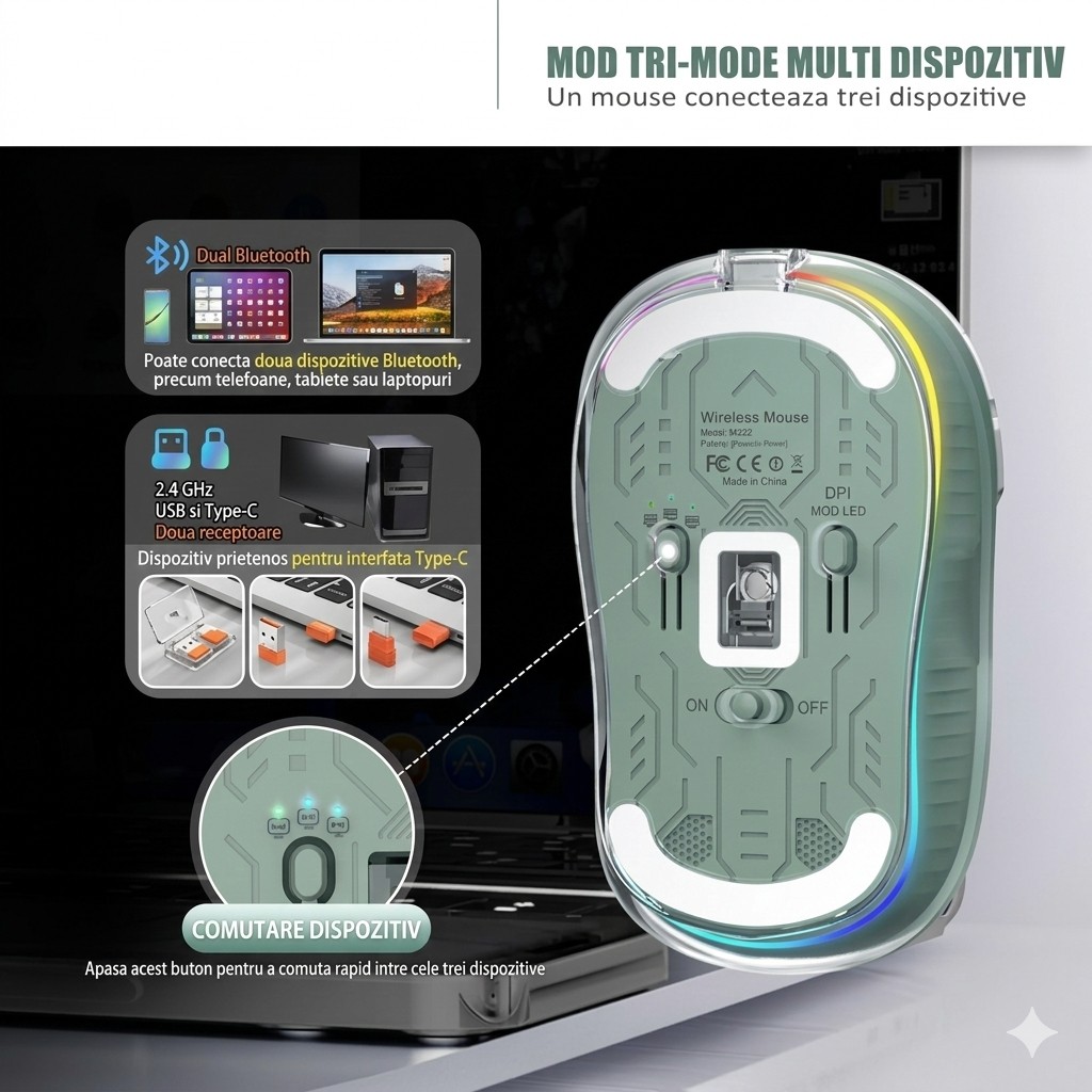 Mouse Wireless, Flippy, Dual Bluetooth, 2.4 GHz, Multi Device, USB-C, 4 Niveluri DPI 800-2400, Reincarcabil, Iluminare LED, Compatibil MacBook/iPad/Laptop, 10 x 6 cm, Verde