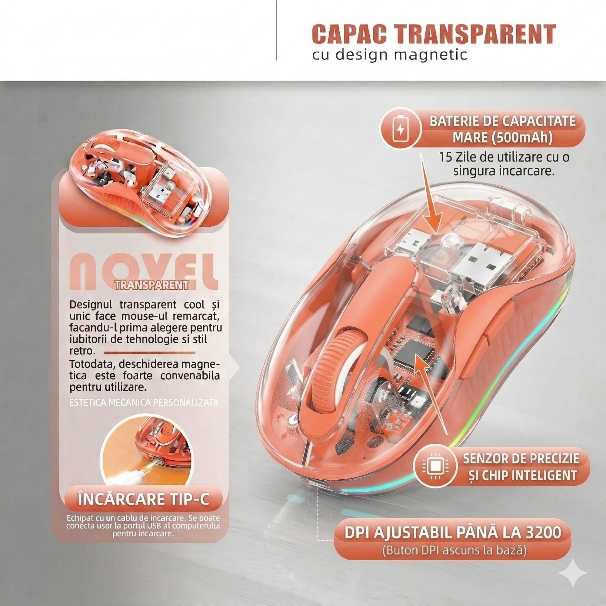 Mouse Wireless, Flippy, Dual Bluetooth, 2.4 GHz, Multi Device, USB-C, 4 Niveluri DPI 800-2400, Reincarcabil, Iluminare LED, Compatibil MacBook/iPad/Laptop, 10 x 6 cm, Portocaliu