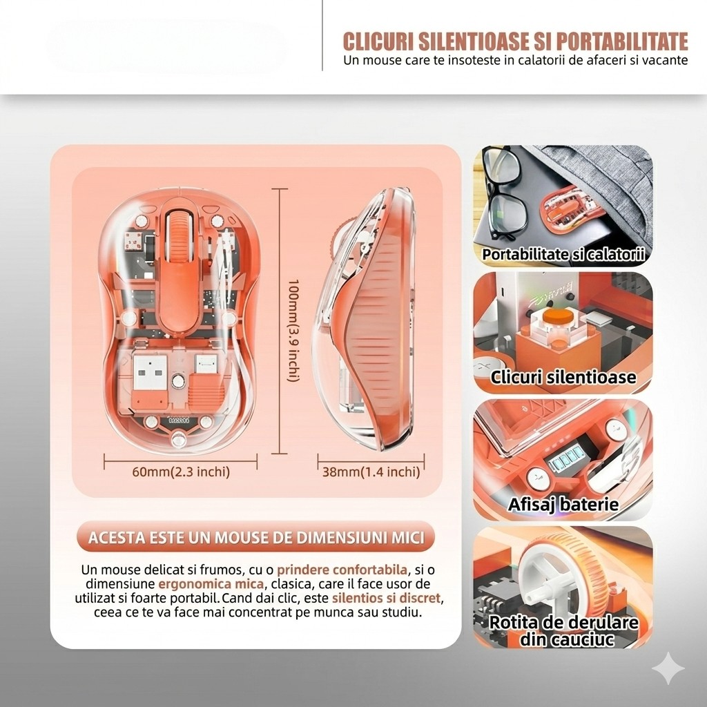 Mouse Wireless, Flippy, Dual Bluetooth, 2.4 GHz, Multi Device, USB-C, 4 Niveluri DPI 800-2400, Reincarcabil, Iluminare LED, Compatibil MacBook/iPad/Laptop, 10 x 6 cm, Portocaliu