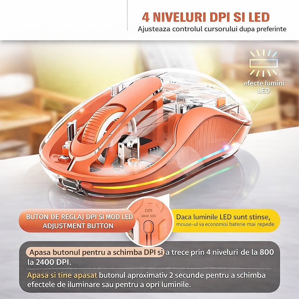 Mouse Wireless, Flippy, Dual Bluetooth, 2.4 GHz, Multi Device, USB-C, 4 Niveluri DPI 800-2400, Reincarcabil, Iluminare LED, Compatibil MacBook/iPad/Laptop, 10 x 6 cm, Portocaliu