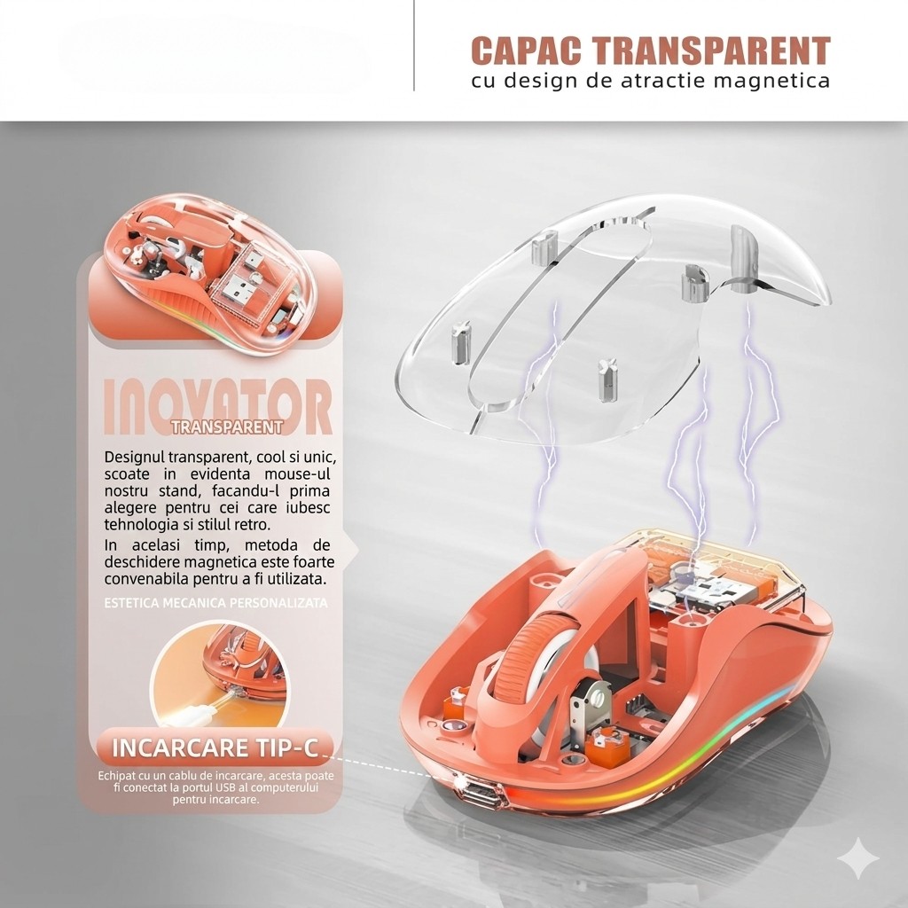 Mouse Wireless, Flippy, Dual Bluetooth, 2.4 GHz, Multi Device, USB-C, 4 Niveluri DPI 800-2400, Reincarcabil, Iluminare LED, Compatibil MacBook/iPad/Laptop, 10 x 6 cm, Portocaliu