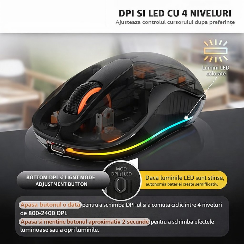 Mouse Wireless, Flippy, Dual Bluetooth, 2.4 GHz, Multi Device, USB-C, 4 Niveluri DPI 800-2400, Reincarcabil, Iluminare LED, Compatibil MacBook/iPad/Laptop, 10 x 6 cm, Negru