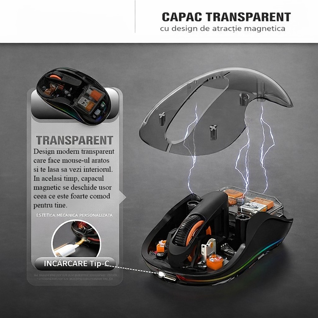 Mouse Wireless, Flippy, Dual Bluetooth, 2.4 GHz, Multi Device, USB-C, 4 Niveluri DPI 800-2400, Reincarcabil, Iluminare LED, Compatibil MacBook/iPad/Laptop, 10 x 6 cm, Negru