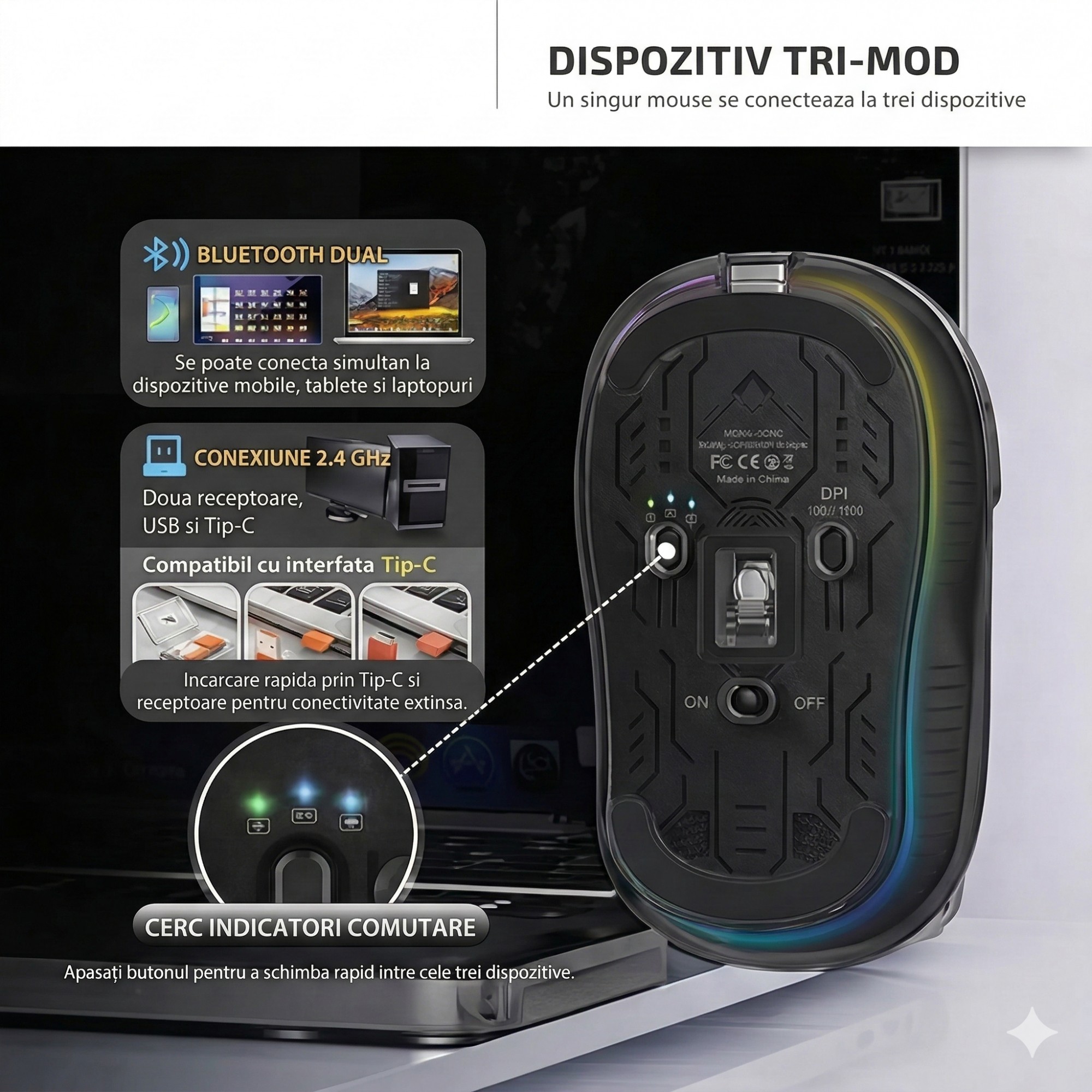 Mouse Wireless, Flippy, Dual Bluetooth, 2.4 GHz, Multi Device, USB-C, 4 Niveluri DPI 800-2400, Reincarcabil, Iluminare LED, Compatibil MacBook/iPad/Laptop, 10 x 6 cm, Negru
