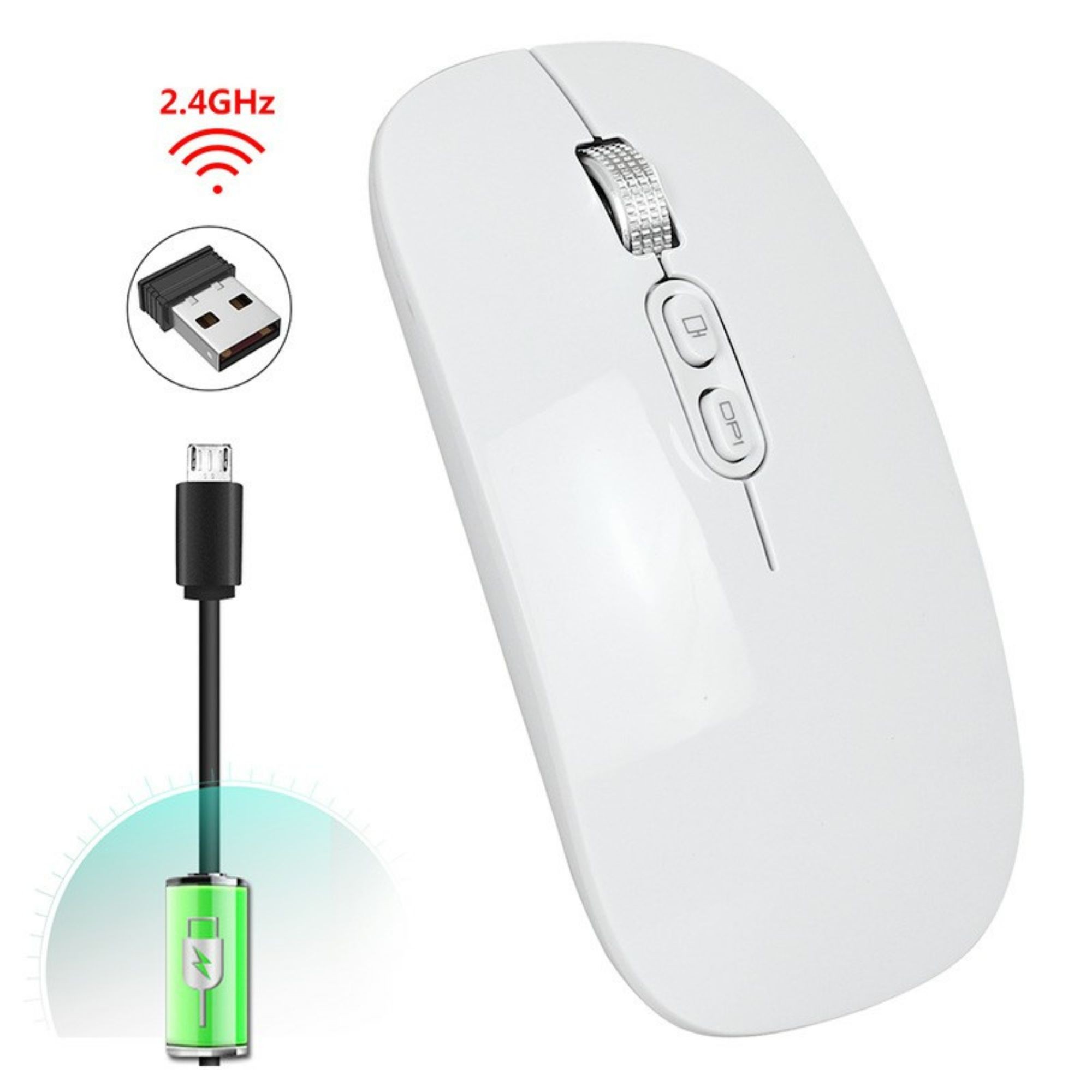Mouse Wireless Reincarcabil, Flippy, Compatibil Windows/macOS, Bluetooth 5.1 + 2.4GHz, Silentios, DPI 800/1200/1600, Alb