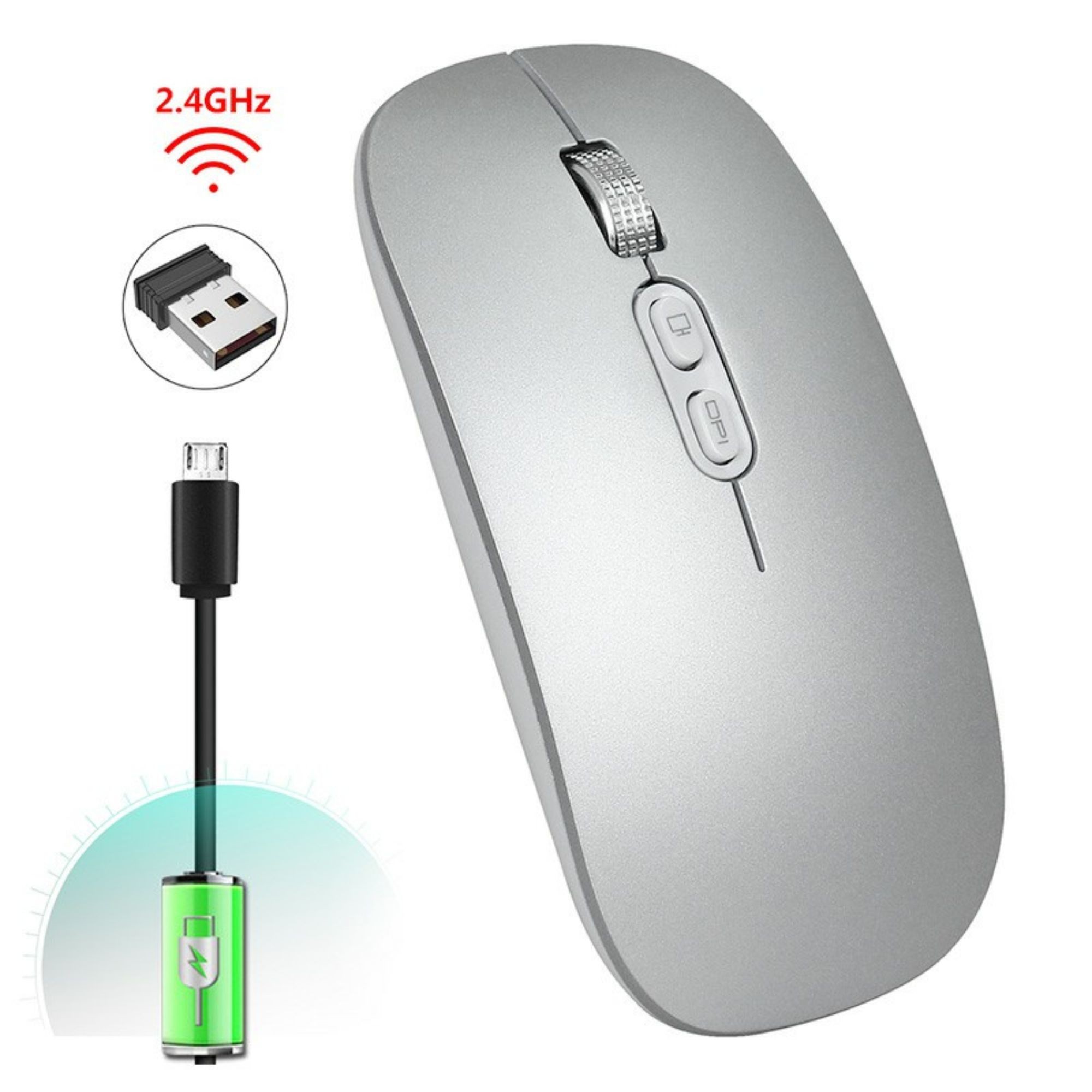 Mouse Wireless Reincarcabil, Flippy, Compatibil Windows/macOS, Bluetooth 5.1 + 2.4GHz, Silentios, DPI 800/1200/1600, Argint