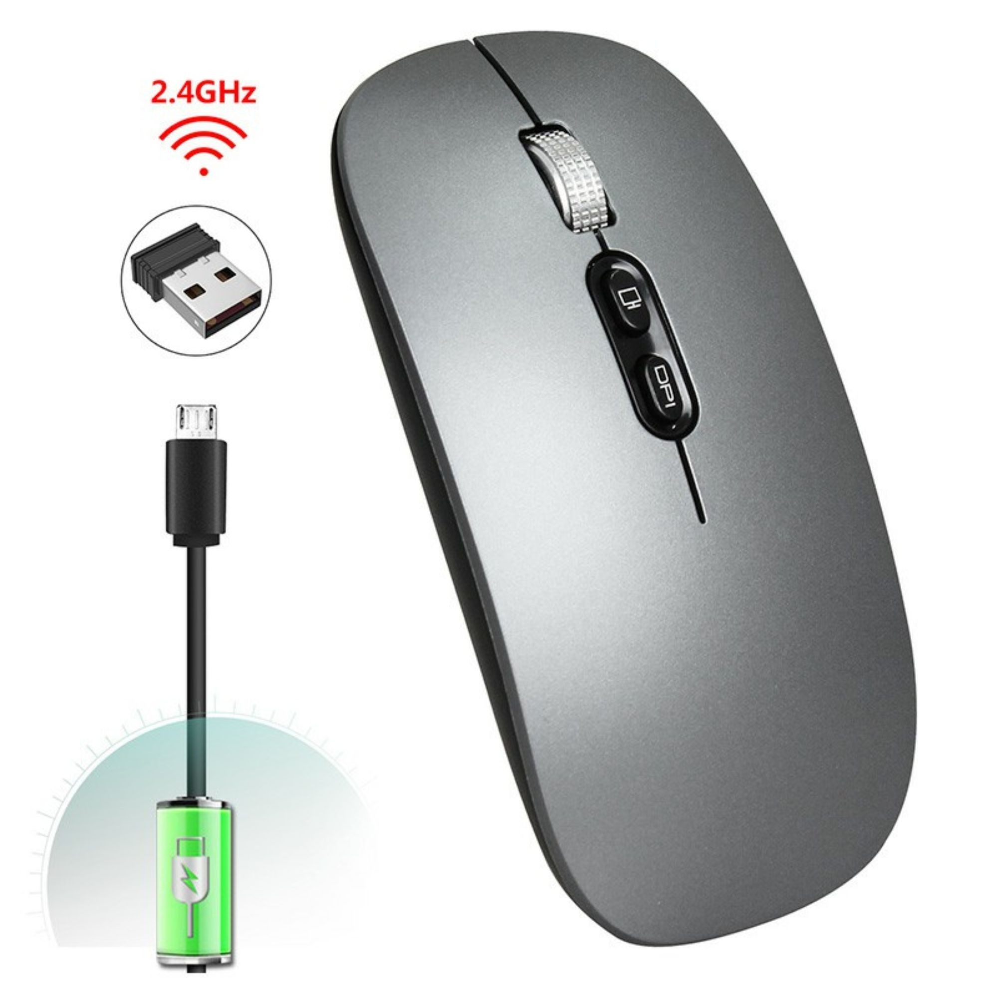 Mouse Wireless Reincarcabil, Flippy, Compatibil Windows/macOS, Bluetooth 5.1 + 2.4GHz, Silentios, DPI 800/1200/1600, Gri Inchis