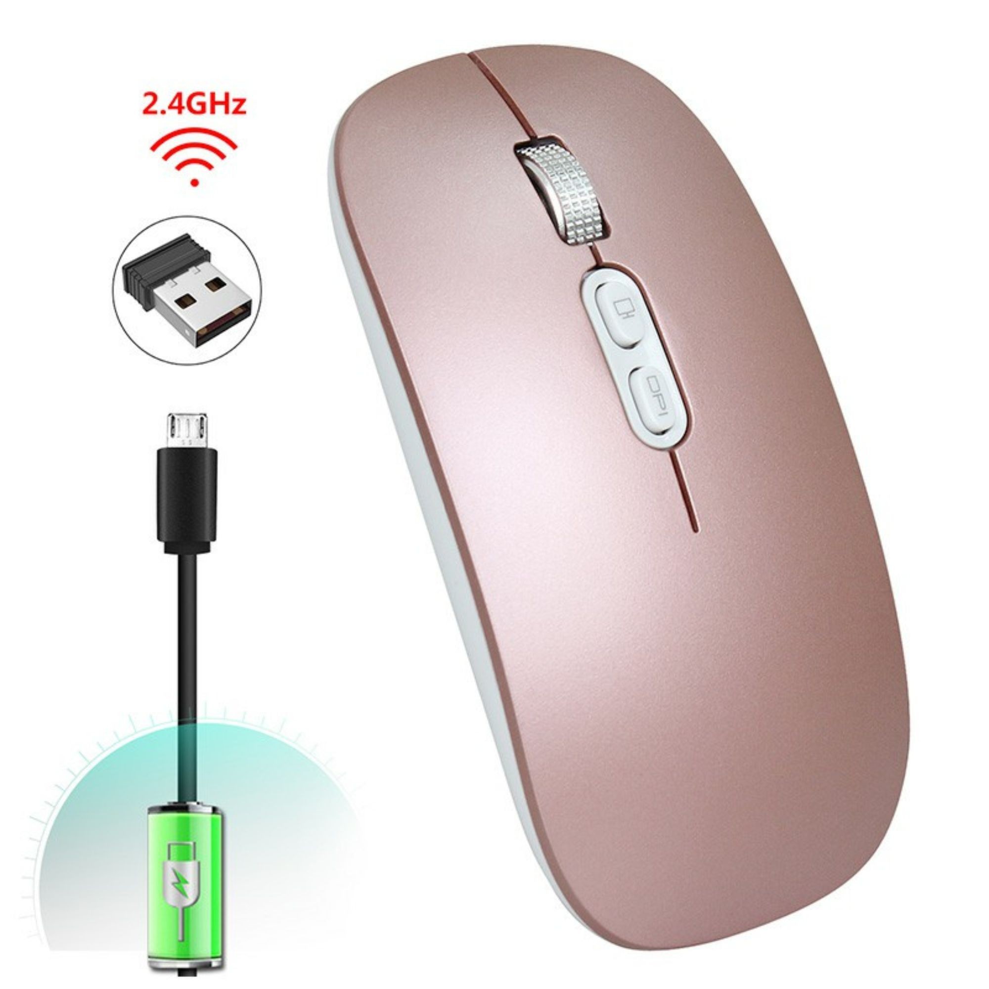 Mouse Wireless Reincarcabil, Flippy, Compatibil Windows/macOS, Bluetooth 5.1 + 2.4GHz, Silentios, DPI 800/1200/1600, Roz Auriu