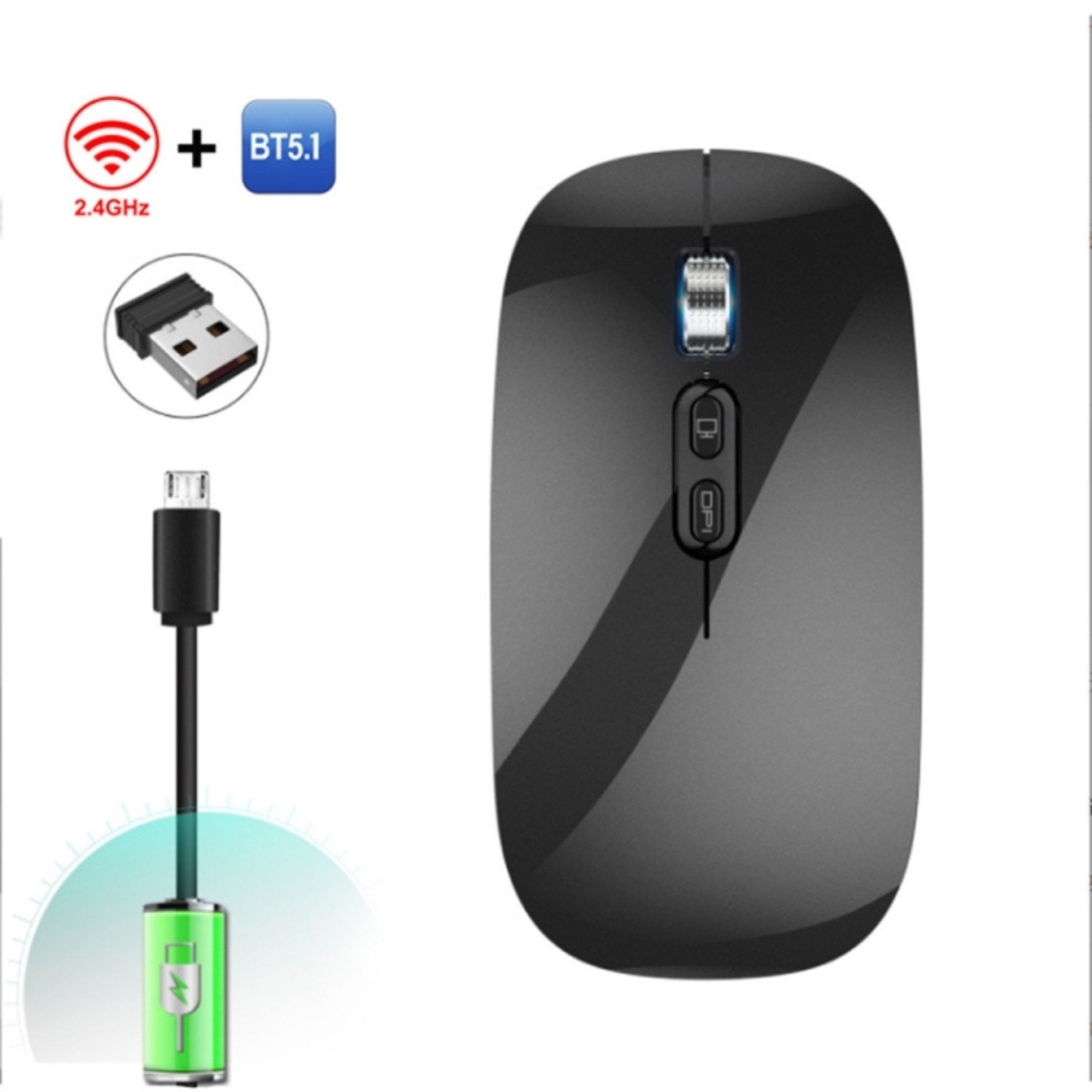 Mouse Wireless Reincarcabil, Flippy, Compatibil Windows/macOS, Bluetooth 5.1 + 2.4GHz, Silentios, DPI 800/1200/1600, Negru