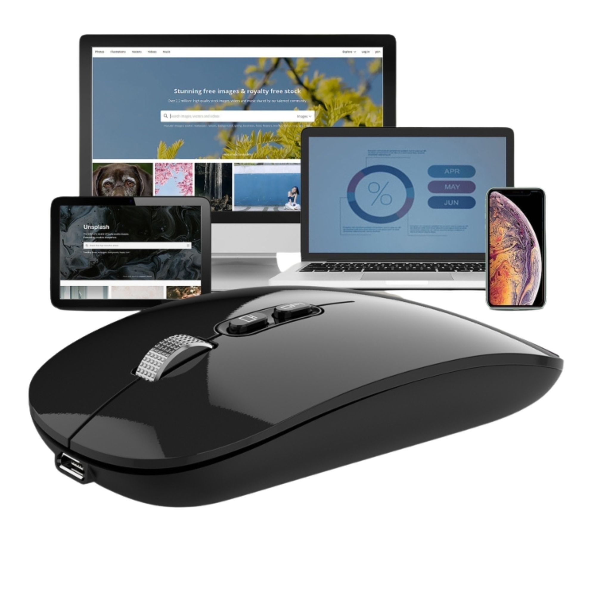 Mouse Wireless Reincarcabil, Flippy, Compatibil Windows/macOS, Bluetooth 5.1 + 2.4GHz, Silentios, DPI 800/1200/1600, Negru