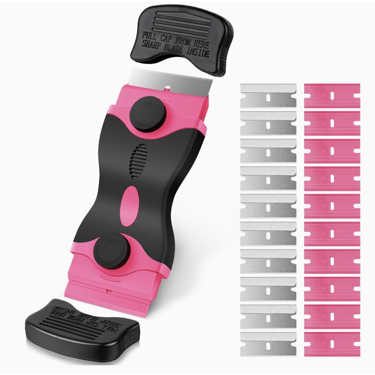 Racleta Multifunctionala pentru Curatare Sticla si Ceramica, Flippy, Design Ergonomic, Maner Anti-alunecare, Include 20 de Lame de Schimb, 12,5 x 4,5 cm, Roz