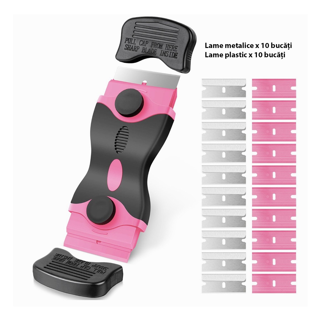 Racleta Multifunctionala pentru Curatare Sticla si Ceramica, Flippy, Design Ergonomic, Maner Anti-alunecare, Include 20 de Lame de Schimb, 12,5 x 4,5 cm, Roz