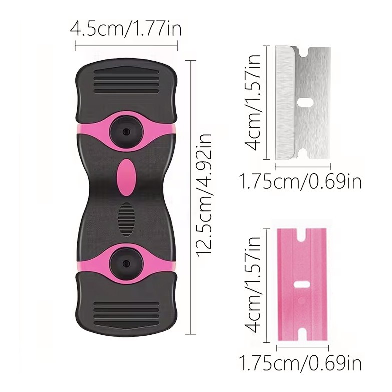 Racleta Multifunctionala pentru Curatare Sticla si Ceramica, Flippy, Design Ergonomic, Maner Anti-alunecare, Include 20 de Lame de Schimb, 12,5 x 4,5 cm, Roz