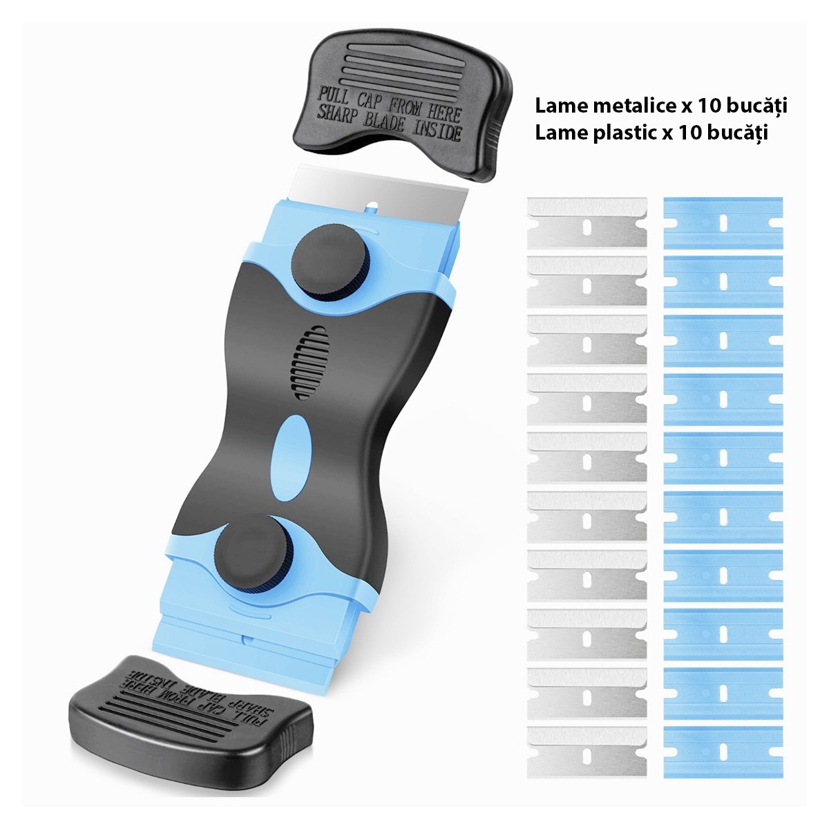 Racleta Multifunctionala pentru Curatare Sticla si Ceramica, Flippy, Design Ergonomic, Maner Anti-alunecare, Include 20 de Lame de Schimb, 12,5 x 4,5 cm, Albastru