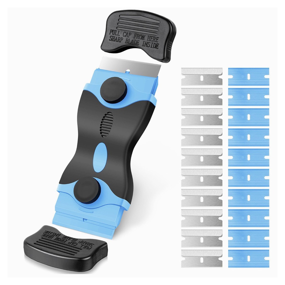 Racleta Multifunctionala pentru Curatare Sticla si Ceramica, Flippy, Design Ergonomic, Maner Anti-alunecare, Include 20 de Lame de Schimb, 12,5 x 4,5 cm, Albastru