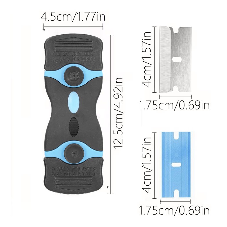 Racleta Multifunctionala pentru Curatare Sticla si Ceramica, Flippy, Design Ergonomic, Maner Anti-alunecare, Include 20 de Lame de Schimb, 12,5 x 4,5 cm, Albastru