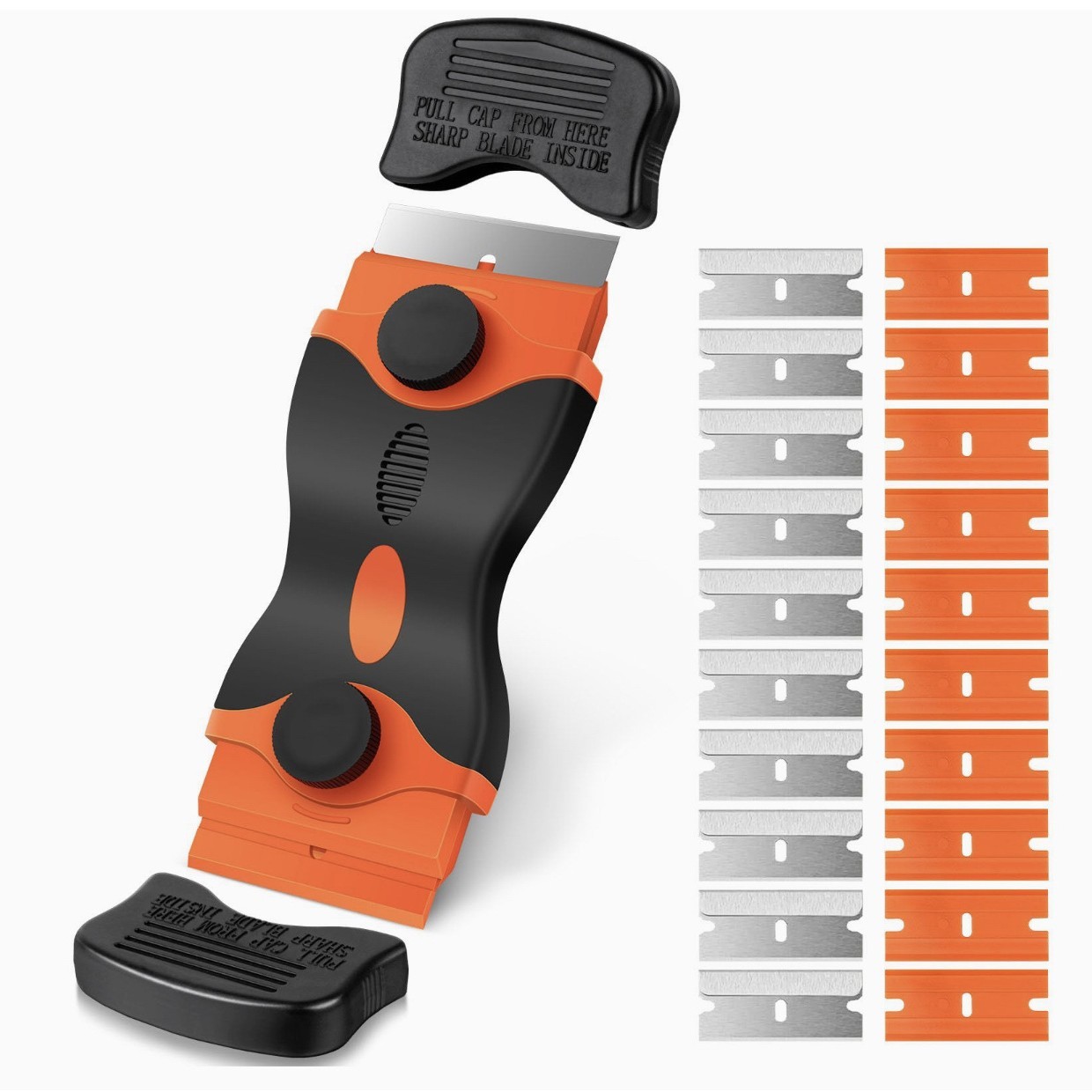 Racleta Multifunctionala pentru Curatare Sticla si Ceramica,  Flippy, Design Ergonomic, Maner Anti-alunecare, Include 20 de Lame de Schimb, 12,5 x 4,5 cm, Portocaliu