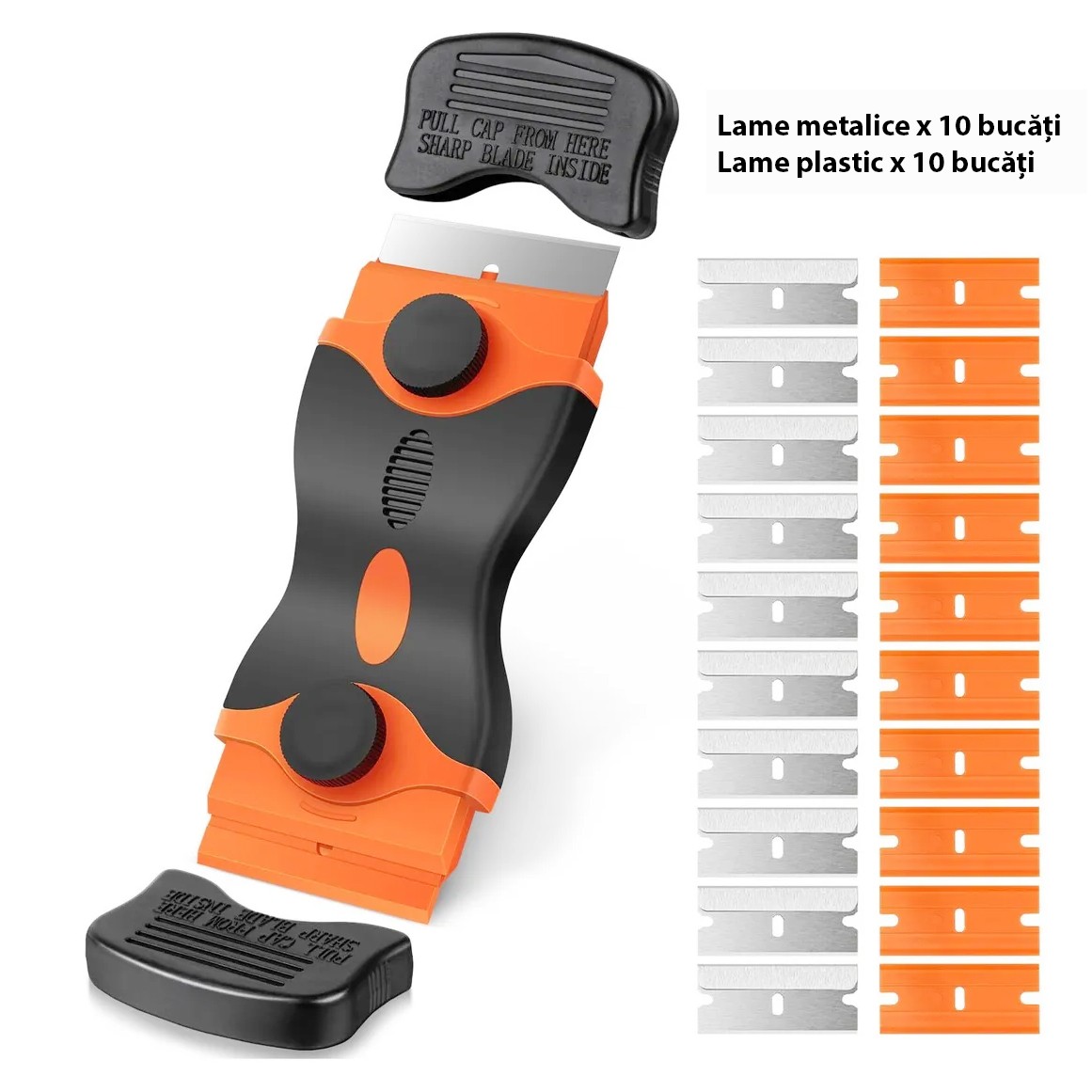 Racleta Multifunctionala pentru Curatare Sticla si Ceramica,  Flippy, Design Ergonomic, Maner Anti-alunecare, Include 20 de Lame de Schimb, 12,5 x 4,5 cm, Portocaliu