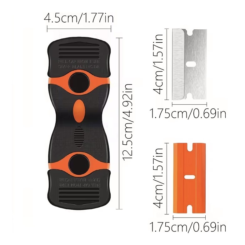 Racleta Multifunctionala pentru Curatare Sticla si Ceramica,  Flippy, Design Ergonomic, Maner Anti-alunecare, Include 20 de Lame de Schimb, 12,5 x 4,5 cm, Portocaliu