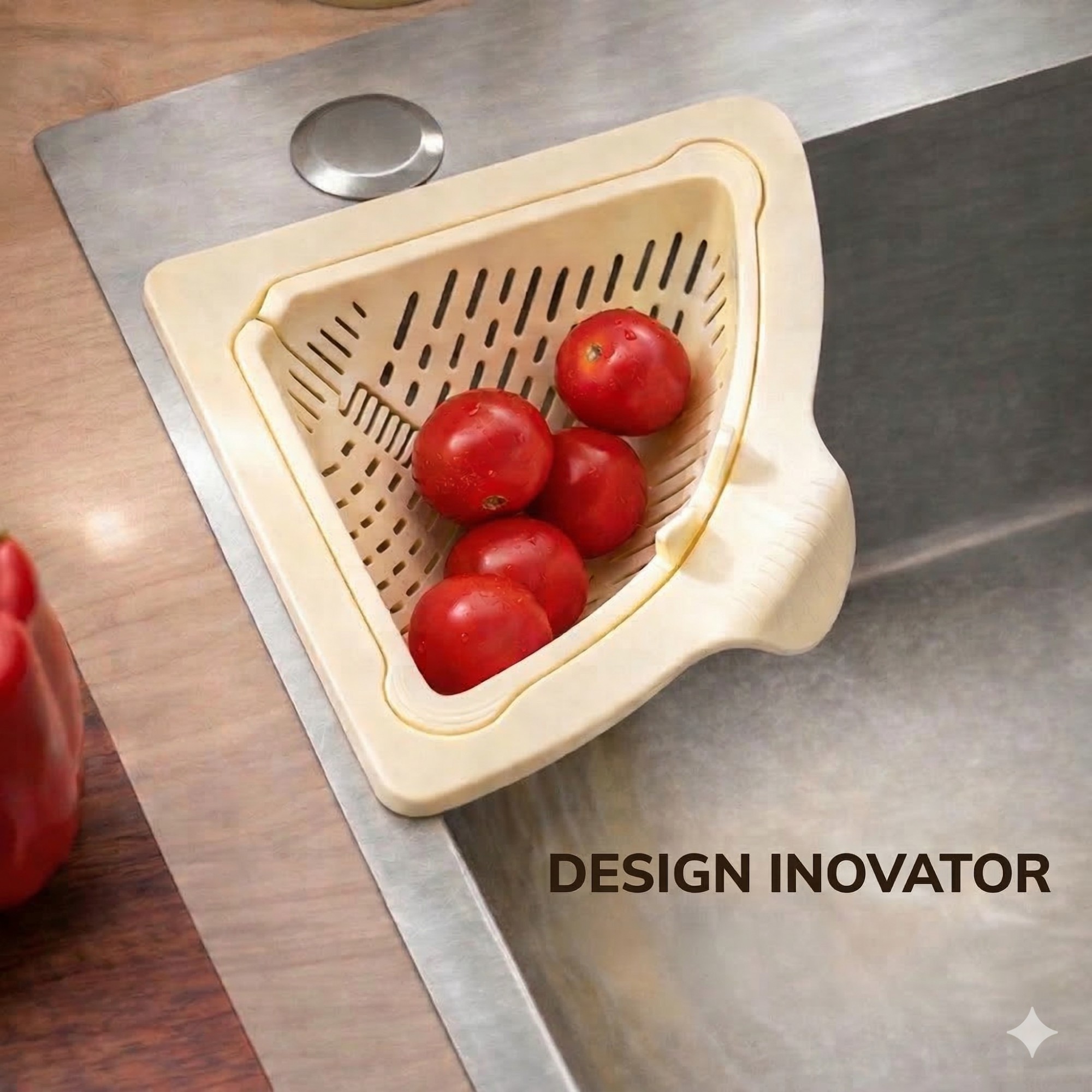 Cos Scurgere Chiuveta, Flippy, Strecuratoare Triunghiulara pentru Bucatarie, Suport Depozitare, Cos Perforat, Clatire cu Jet de Apa, 23 x 9.5x 6 cm, Crem