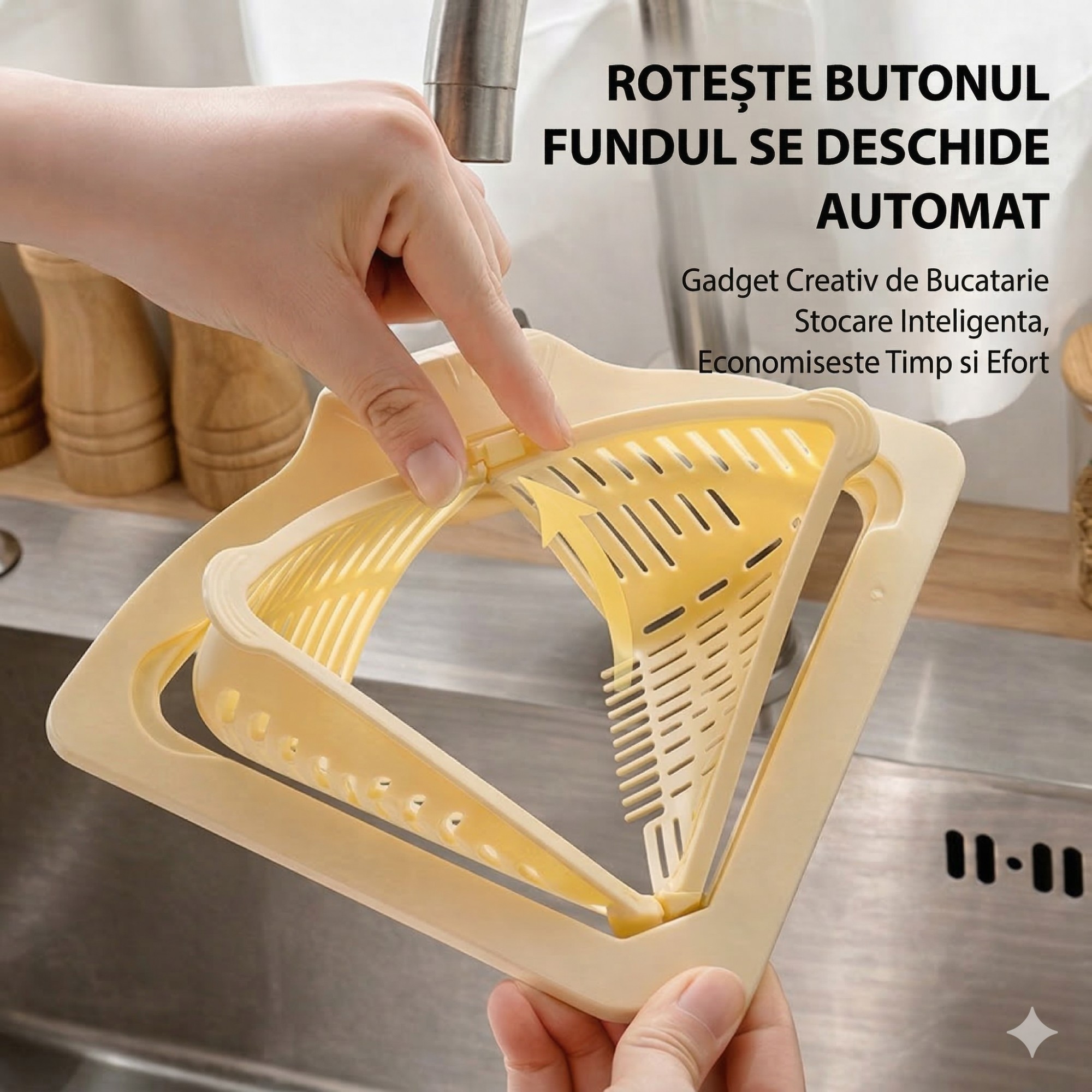 Cos Scurgere Chiuveta, Flippy, Strecuratoare Triunghiulara pentru Bucatarie, Suport Depozitare, Cos Perforat, Clatire cu Jet de Apa, 23 x 9.5x 6 cm, Crem