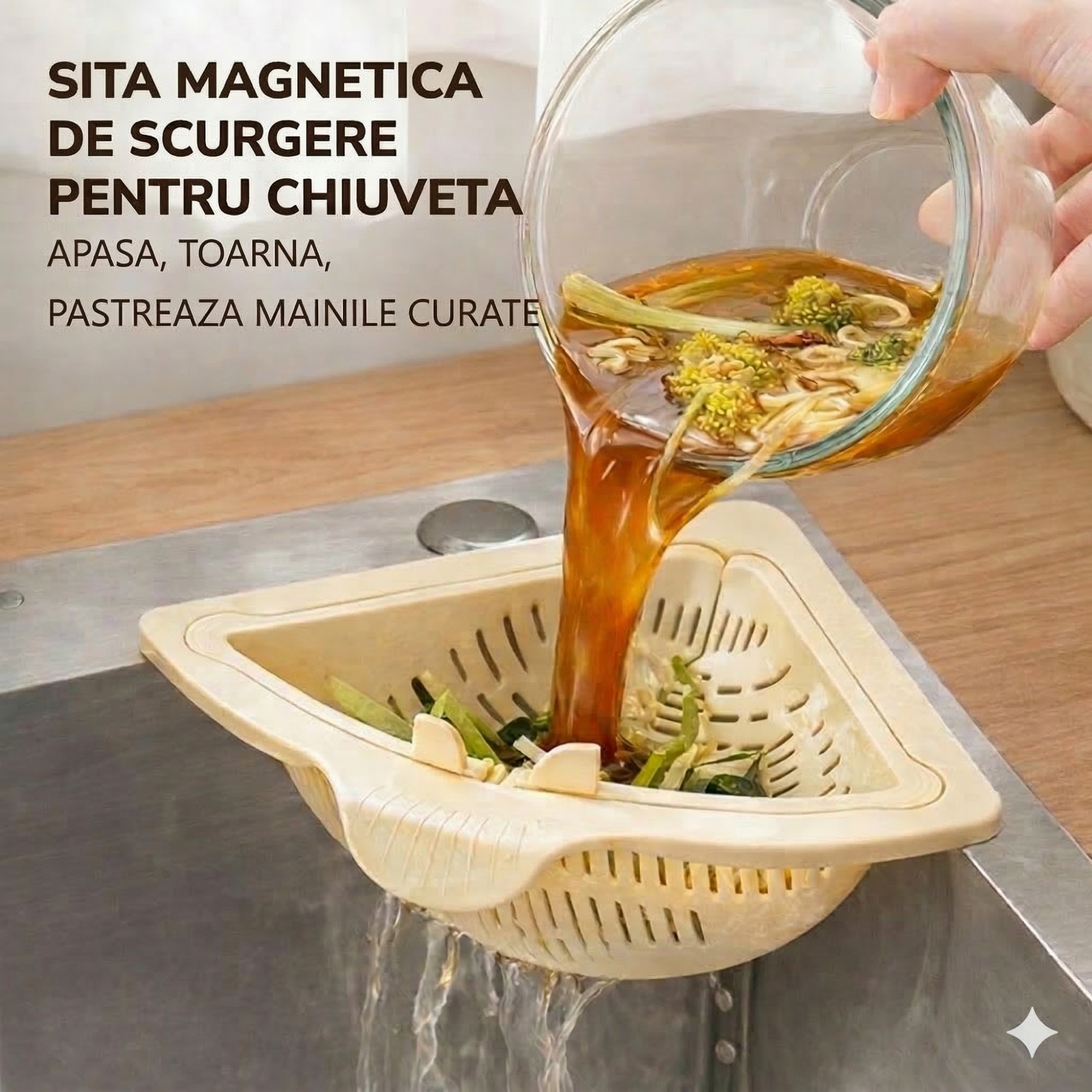 Cos Scurgere Chiuveta, Flippy, Strecuratoare Triunghiulara pentru Bucatarie, Suport Depozitare, Cos Perforat, Clatire cu Jet de Apa, 23 x 9.5x 6 cm, Crem