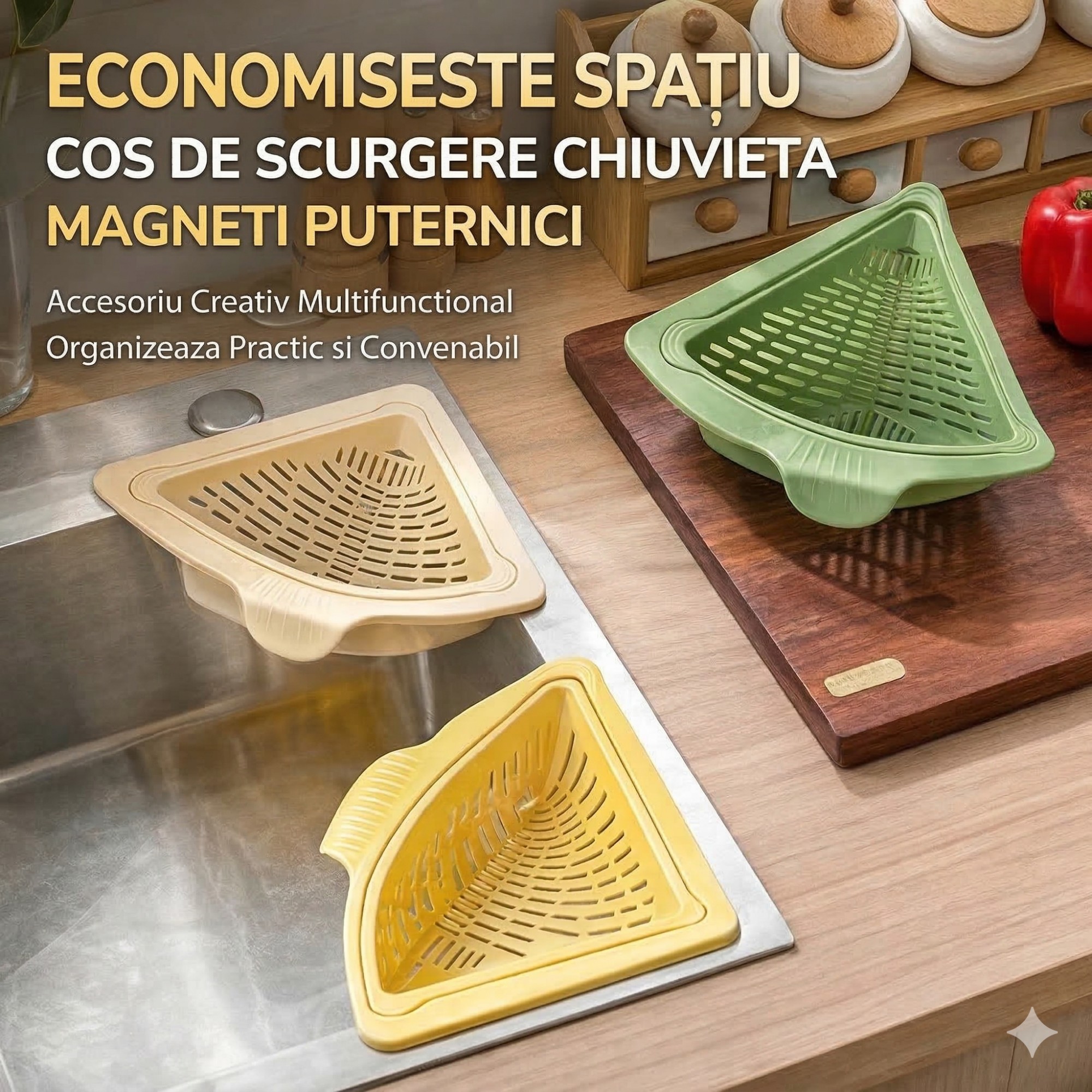 Cos Scurgere Chiuveta, Flippy, Strecuratoare Triunghiulara pentru Bucatarie, Suport Depozitare, Cos Perforat, Clatire cu Jet de Apa, 23 x 9.5x 6 cm, Crem